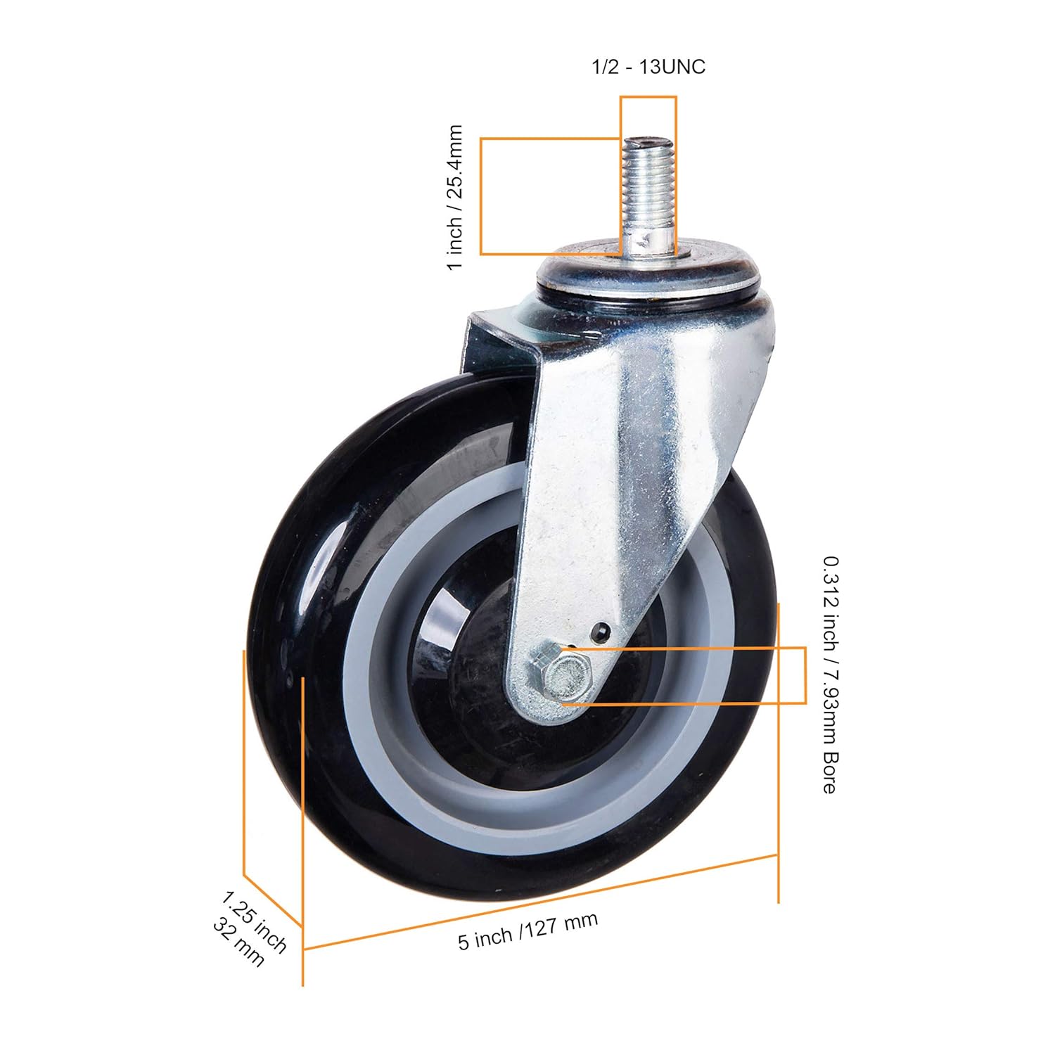 SYRATION 5" 4 Pack Polyurethane Stepped and Full Tread Face Shopping Cart Wheel Caster Replacement Kit 1400 lbs Total Capacity (5 inches Pack of 4, Black Gray Full Face)