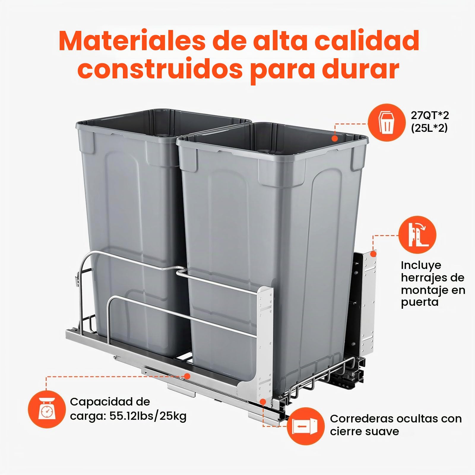 VEVOR Cubo de Basura Extraíble de 2 x 24,85 L, Doble, para Cocina, con Montaje Bajo Encimera, Resistente, con Puerta Corrediza y Cierre Suave, para Armario de Cocina, Fregadero y Encimera, Gris