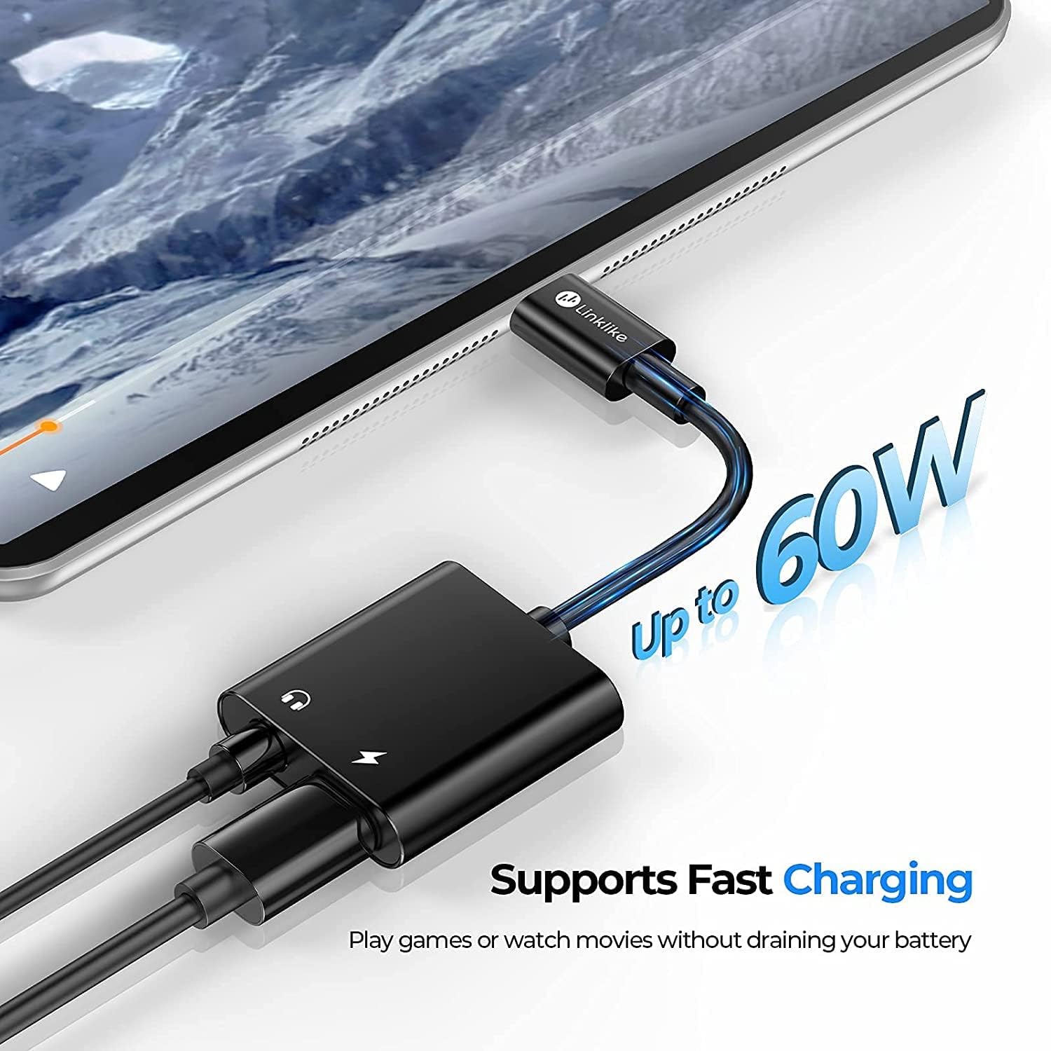Popular Linklike USB C to 3.5mm Audio Adapter and Charger 2-in-1 Headphone Adapter PD 60W Fast Charging Hi-Res Sound Compatible with Samsung S21 S20 Plus Note10 Google Pixel 5 4 XL iPad Pro 2018 2020 Adapter