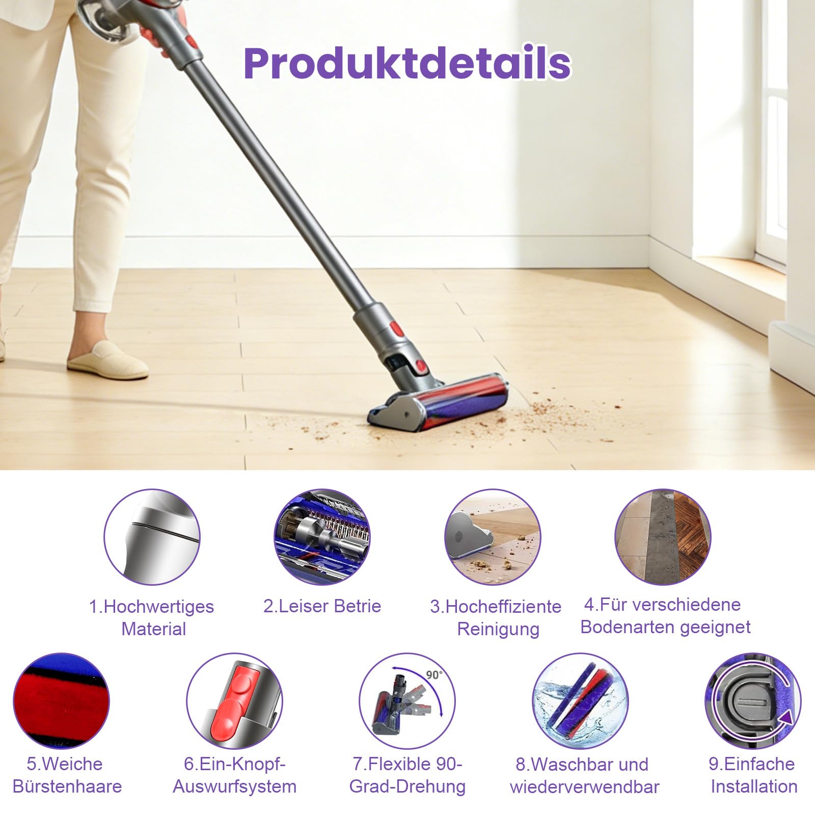 Softwalze Bodendüse für Dyson V7 V8 V10 V11 V15 SV10 SV11 SV12 SV14 SV15 SV22 SV25 SV27 SV28 SV37 Staubsauger | Leiser, Leistungsstarker Elektrischer Soft-Roller-Bürstenkopf für Hartböden & Teppiche