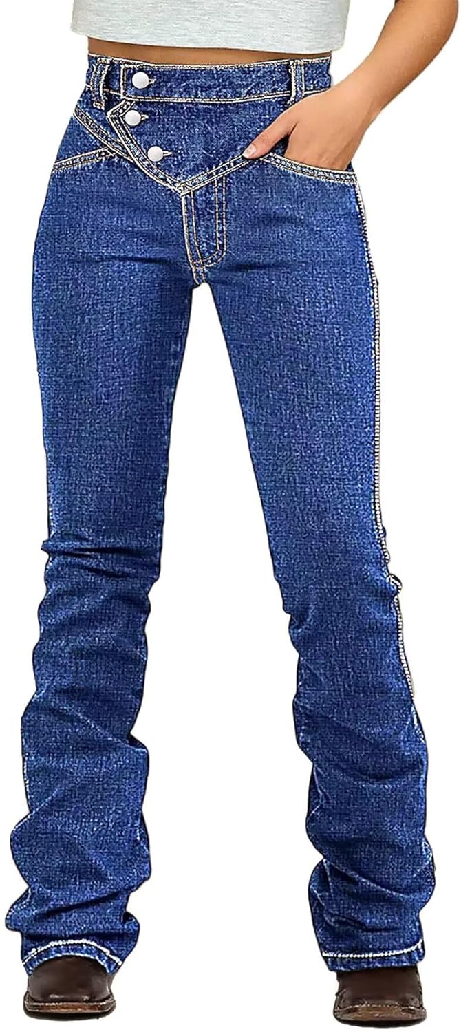 Flamingals Bootcut High Waist Wash Stitch Detail Button Up Women’s Jeans Stretchy Trendy Denim Pants