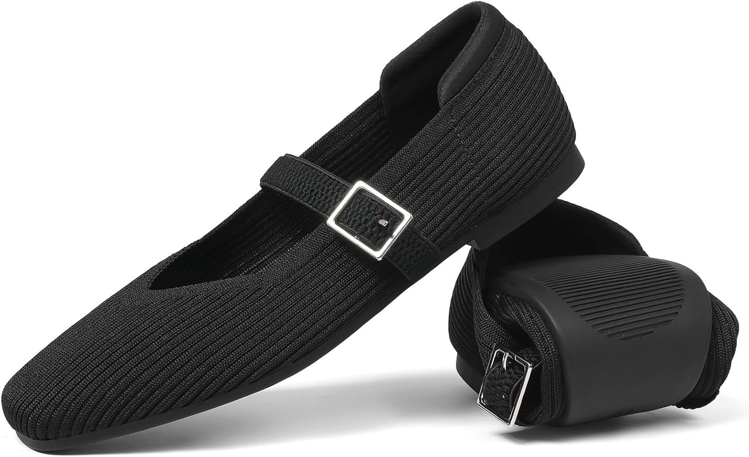 CELNEPHO Flats for Women Mary Jane Shoes Casual Ballet Knit Flats Square Toe with Ankle Strap Dressy Comfortable Office Shoes