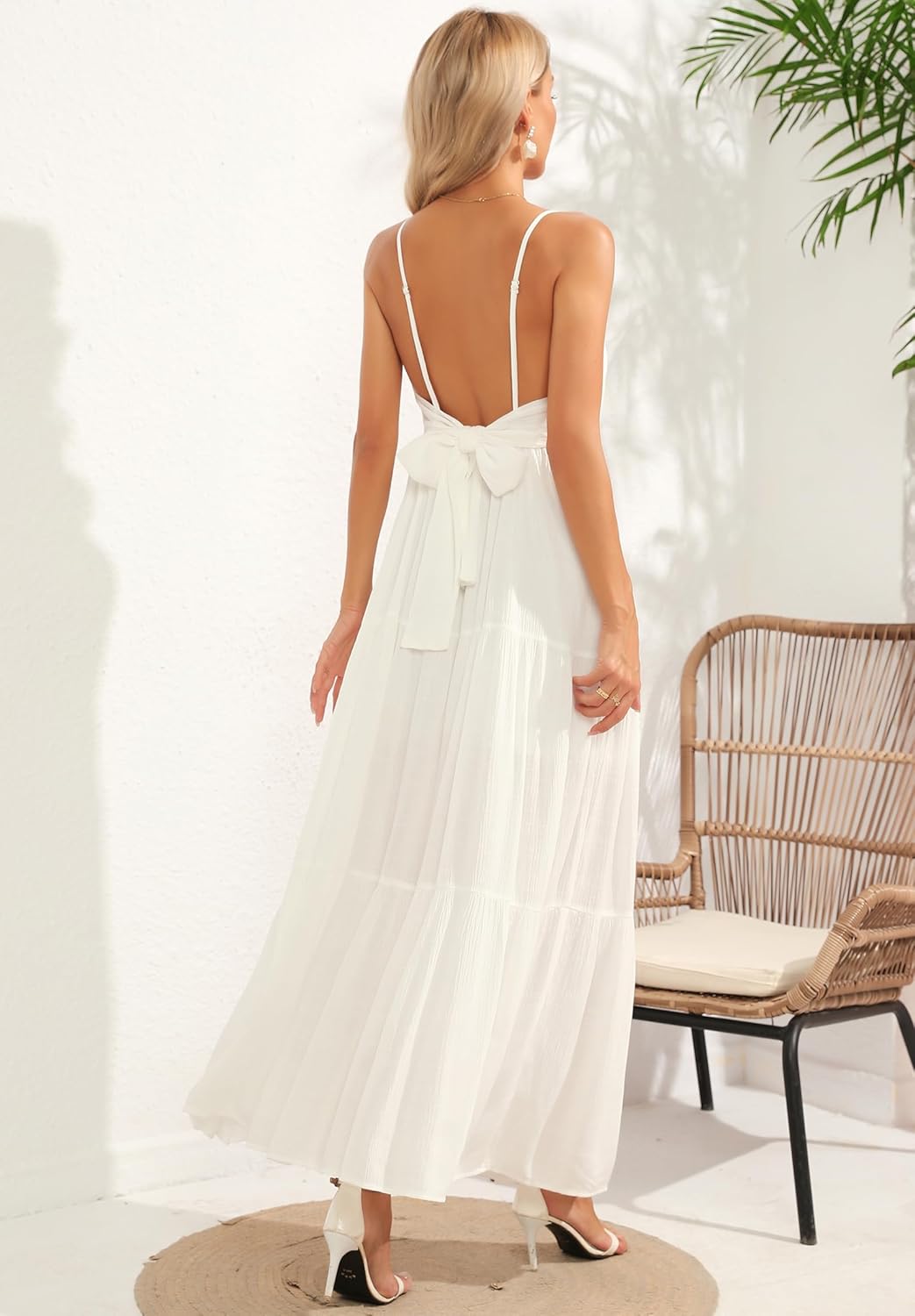 ALENDA DANMOS Women's Spaghetti Straps Maxi Dress Flowy Pleated Swing Beach Long Dress Low Backless Sundress 189