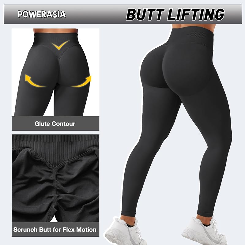 POWERASIA Seamless Impact Leggings Hidden Scrunch Butt Lifting Leggings for Women Booty Workout Tights Mid Low Waist Tummy Control Compression Fitness Gym Womens V Back Yoga Pants image 2