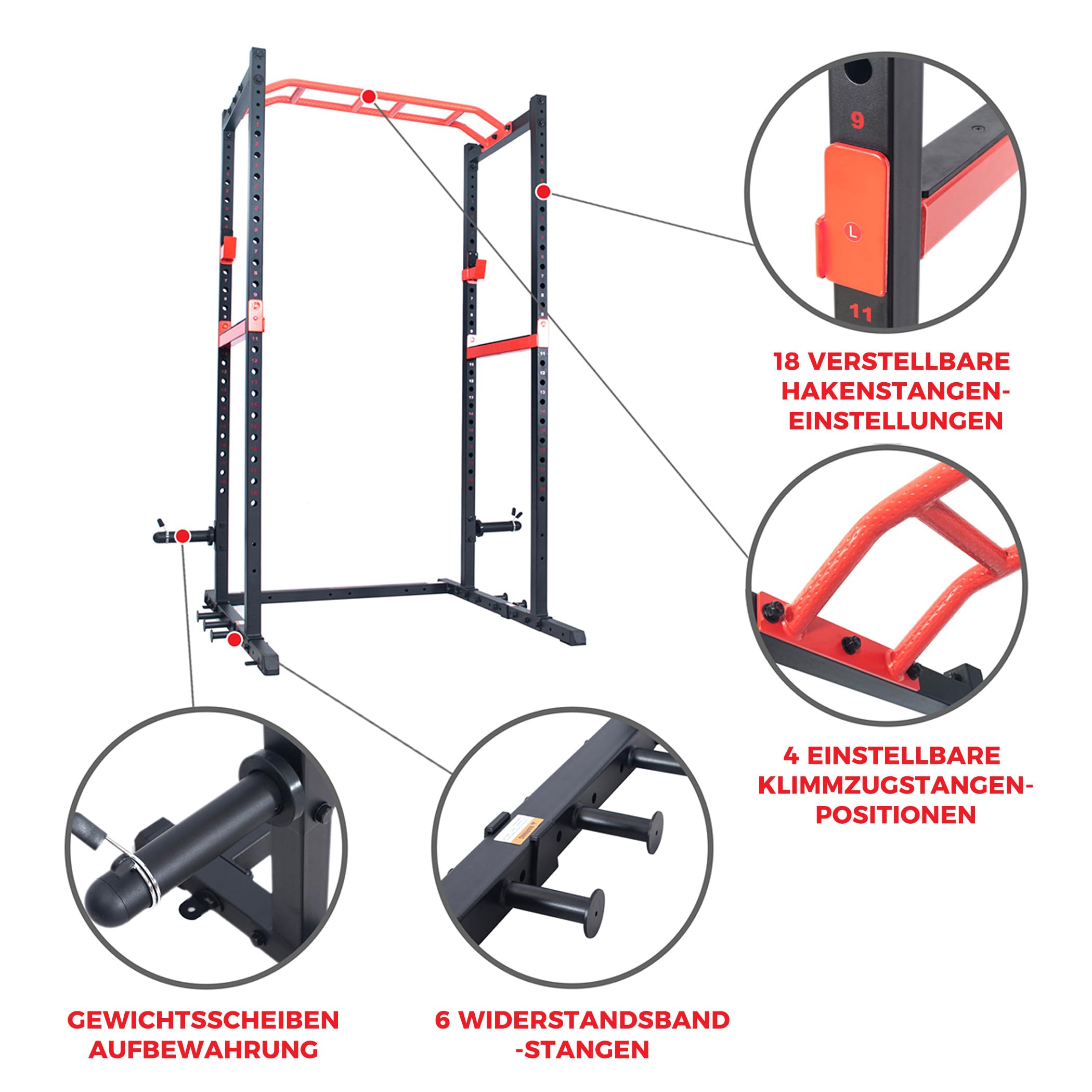 Sunny Health & Fitness Power Zone Squat Rack, extrem langlebiger Kraftkäfig für das Heim-Fitnessstudio mit abgewinkelter Klimmzugstange, J-Haken, 455 kg Gewichtskapazität - SF-XF9925