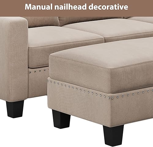 Miniatura 4 de STARTOM Juego de 3 piezas de tela texturizada con cabeza de clavo de 81 pulgadas, sofá cama seccional con cuadrado, otomano de almacenamiento