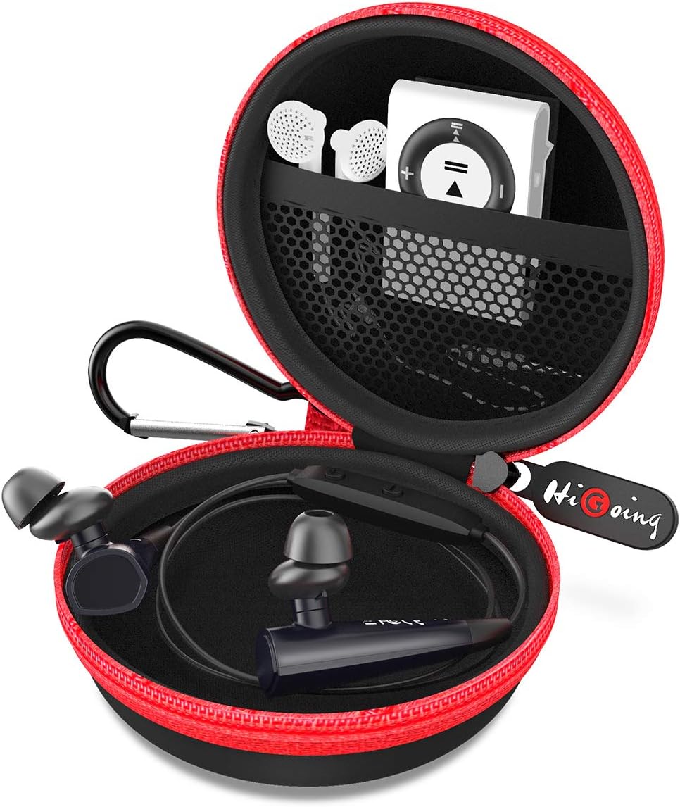 Open HiGoing earbud case showing internal mesh pocket, a white MP3 player, and black earbuds.