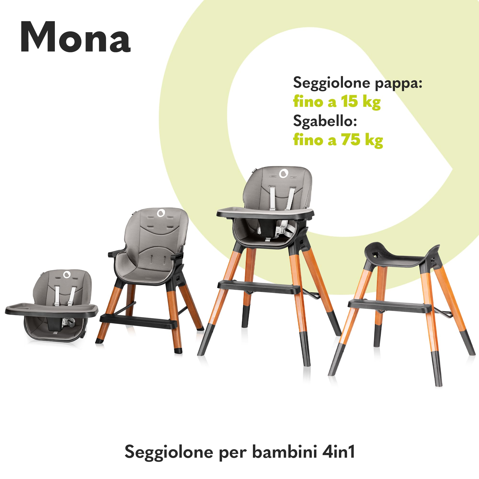 LIONELO Mona Seggiolone Pappa Evolutivo 4 in 1 da 6 Mesi a 75 kg | Vassoio Rimovibile, Cinture a 5 Punti, Poggiapiedi, Feltrini Antiscivolo, Bordi Arrotondati, Sedia e Sgabello