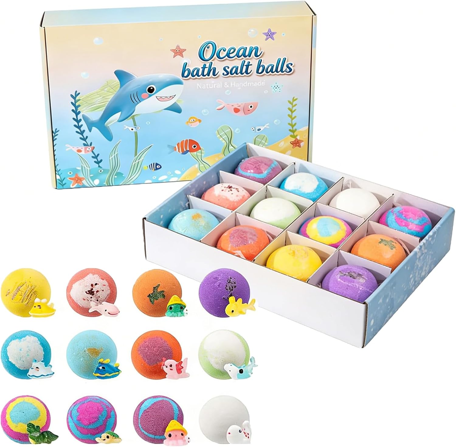Bath Bombs with Surprise Inside, 12-Pack Natural Colorful Bubble Fizzies, Organic Skin-Friendly Bathing Bath, Fun Animal Themed Bath Bombs Birthday Gift (B)