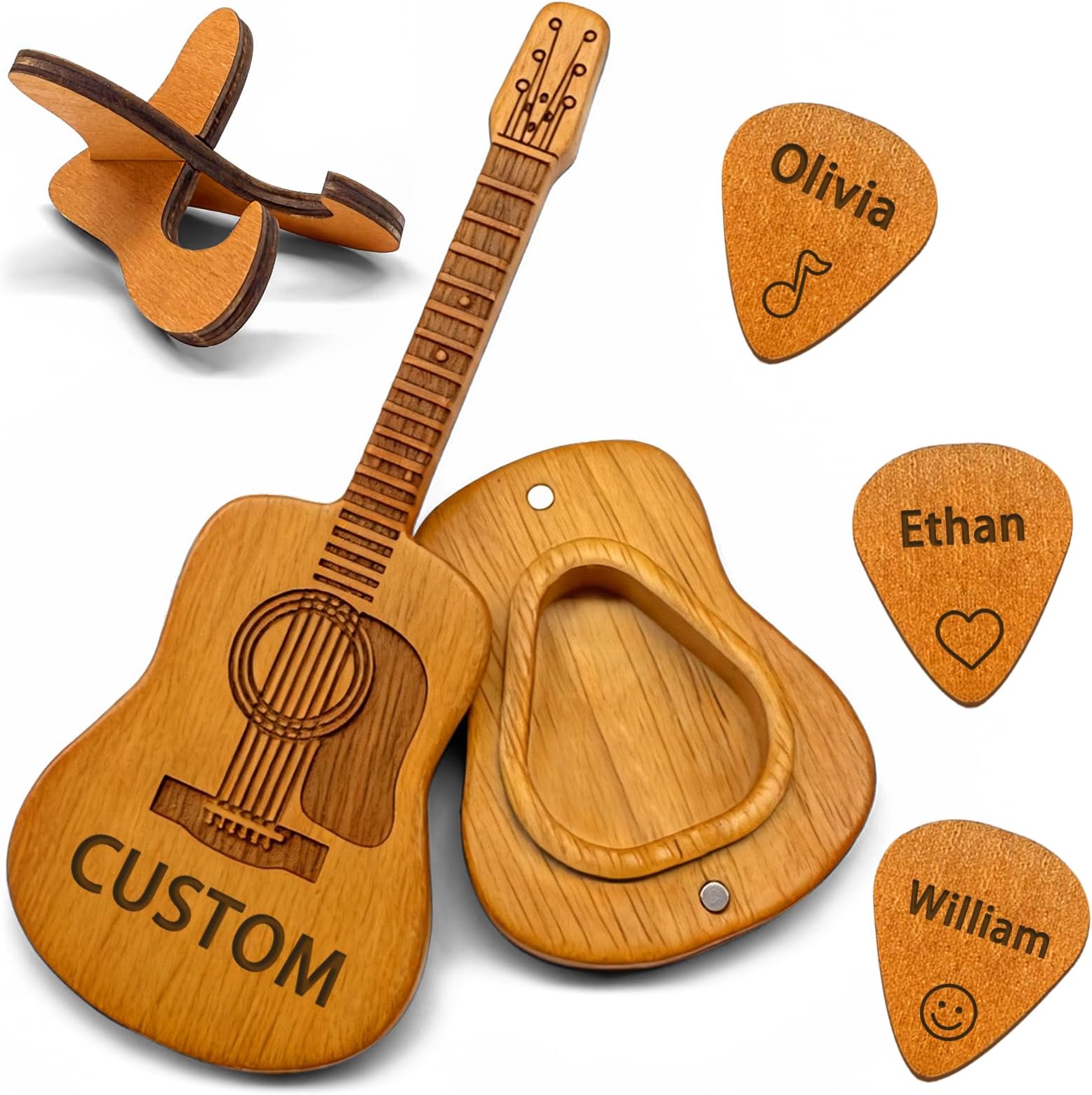 Personalized Guitar Pick Holder Case Custom with 3 Engraved Name Wooden Guitar Picks, Customized Gift for Guitarists Music Lovers Boyfriend Son Friend