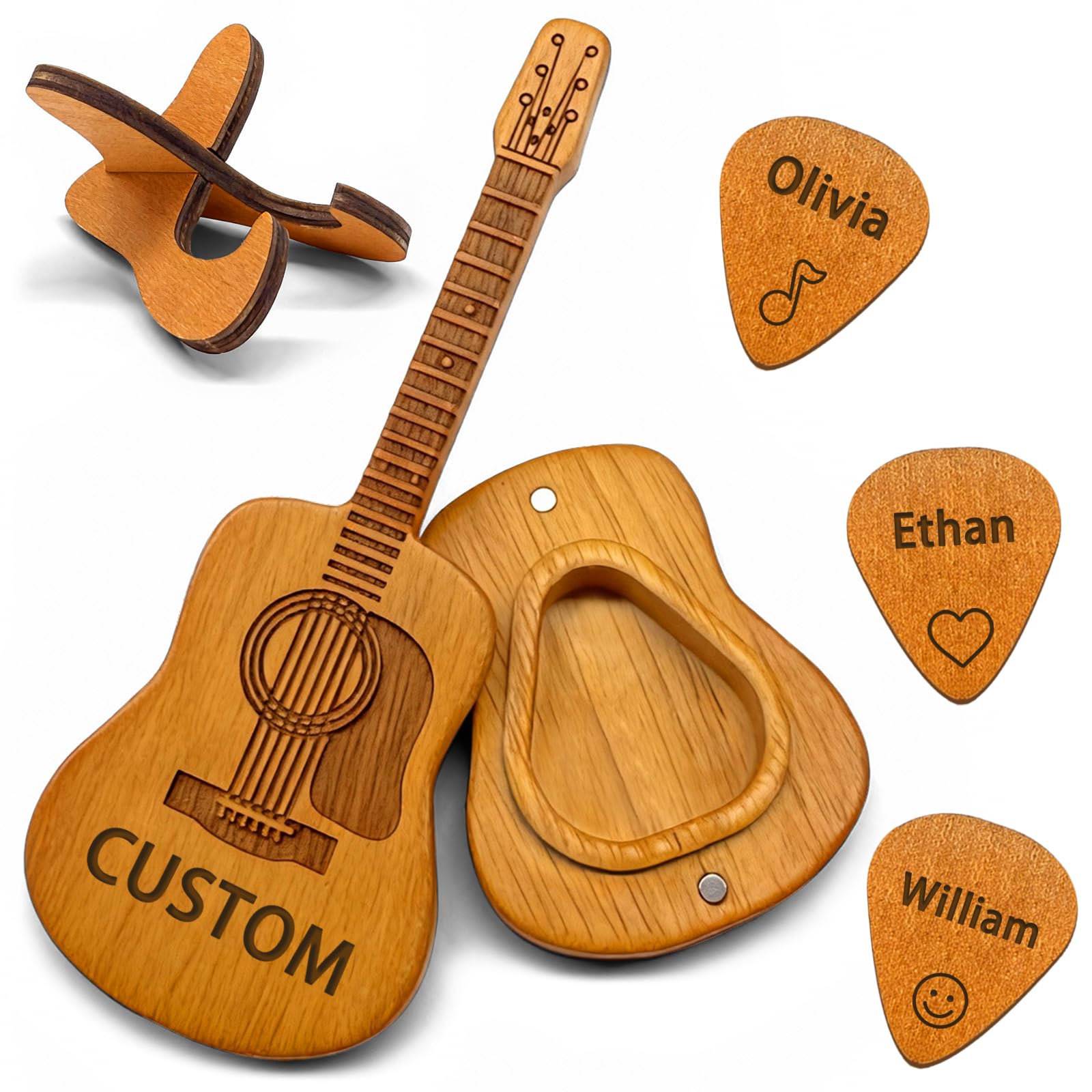 Personalized Guitar Pick Holder Case Custom with 3 Engraved Name Wooden Guitar Picks, Customized Gift for Guitarists Music Lovers Boyfriend Son Friend