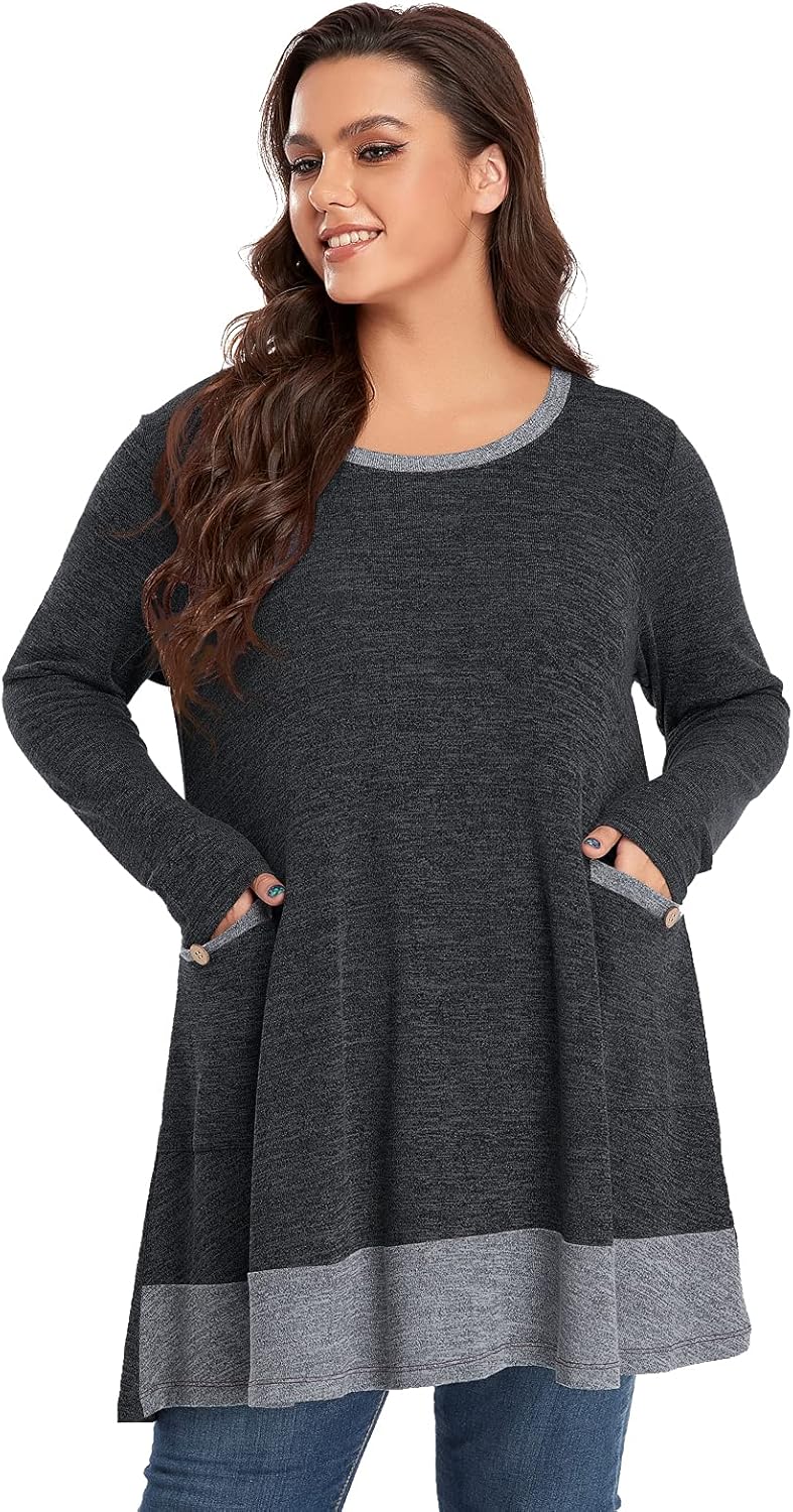OVERWORETY Long Sleeve Raglan Plus Size Tunic Tops for Women Color Block Knit Pullover Fall Shirts with Pockets - Image 4