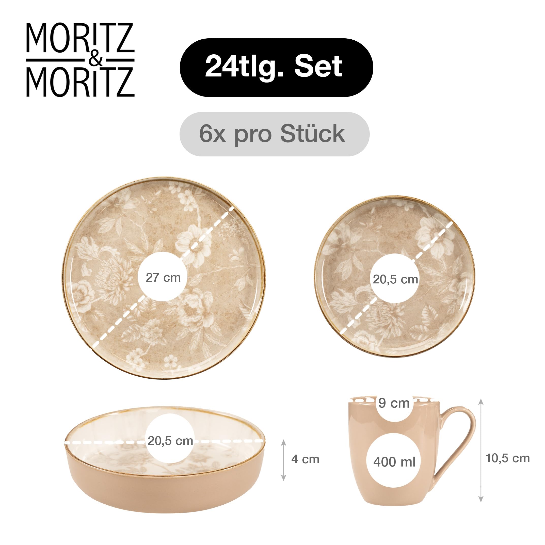 Moritz & Moritz MARIELLA Steingut Geschirrset 6 Personen 24-tlg. - Modernes Tafelservice in Beige mit verspieltem Design, Pflegeleichtes Kaffeeservice mit Teller Set, Schüsseln & Tassen - Kombiservice