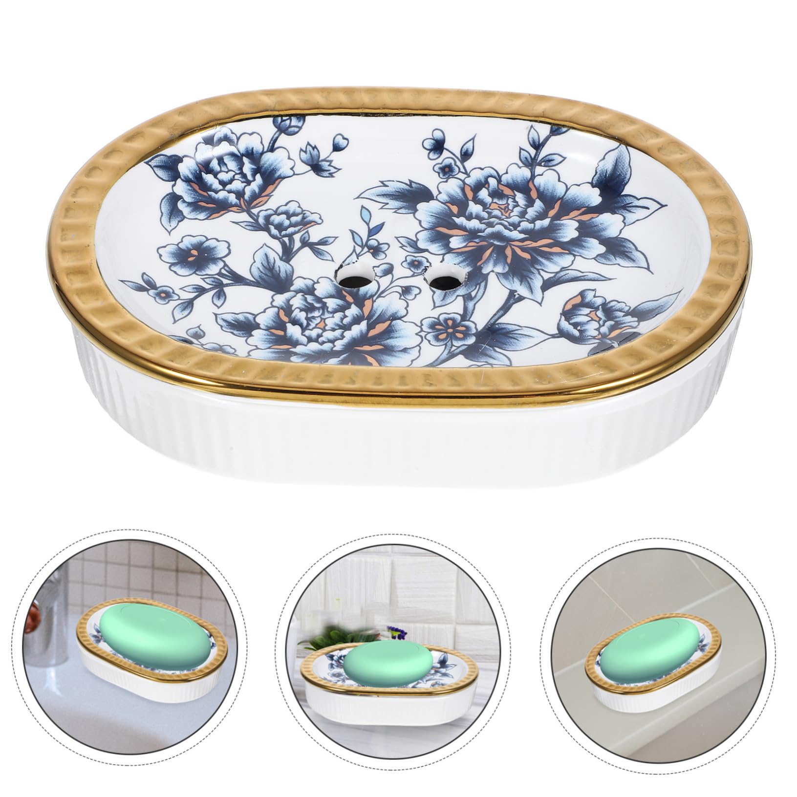 WOONEKY Jabonera de Cerámica Borde Dorado Diseño Simple y Elegante Doble Capa y Drenaje Rápido, Adecuado para Baño y Ducha