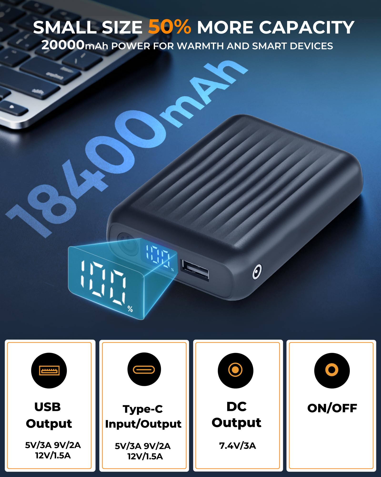 Batterie Externe 20000mAh 7.4V/5V Pour Gilet Chauffant - Avec écran LED - Sorties USB/Type-C/DC - Pour Vestes Et Sweats Chauffants