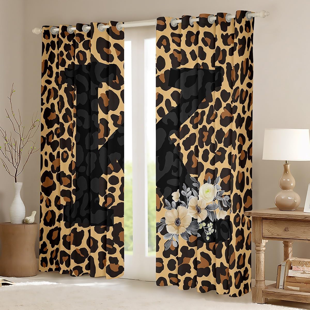 Personalized Black K Blackout Curtains for Bedroom - Brown Leopard Print Window Curtains 2 panel Sets 42"Wx63"L,Customizable Monogrammed Initial Letter Cheetah Print Window Treatments Drapes