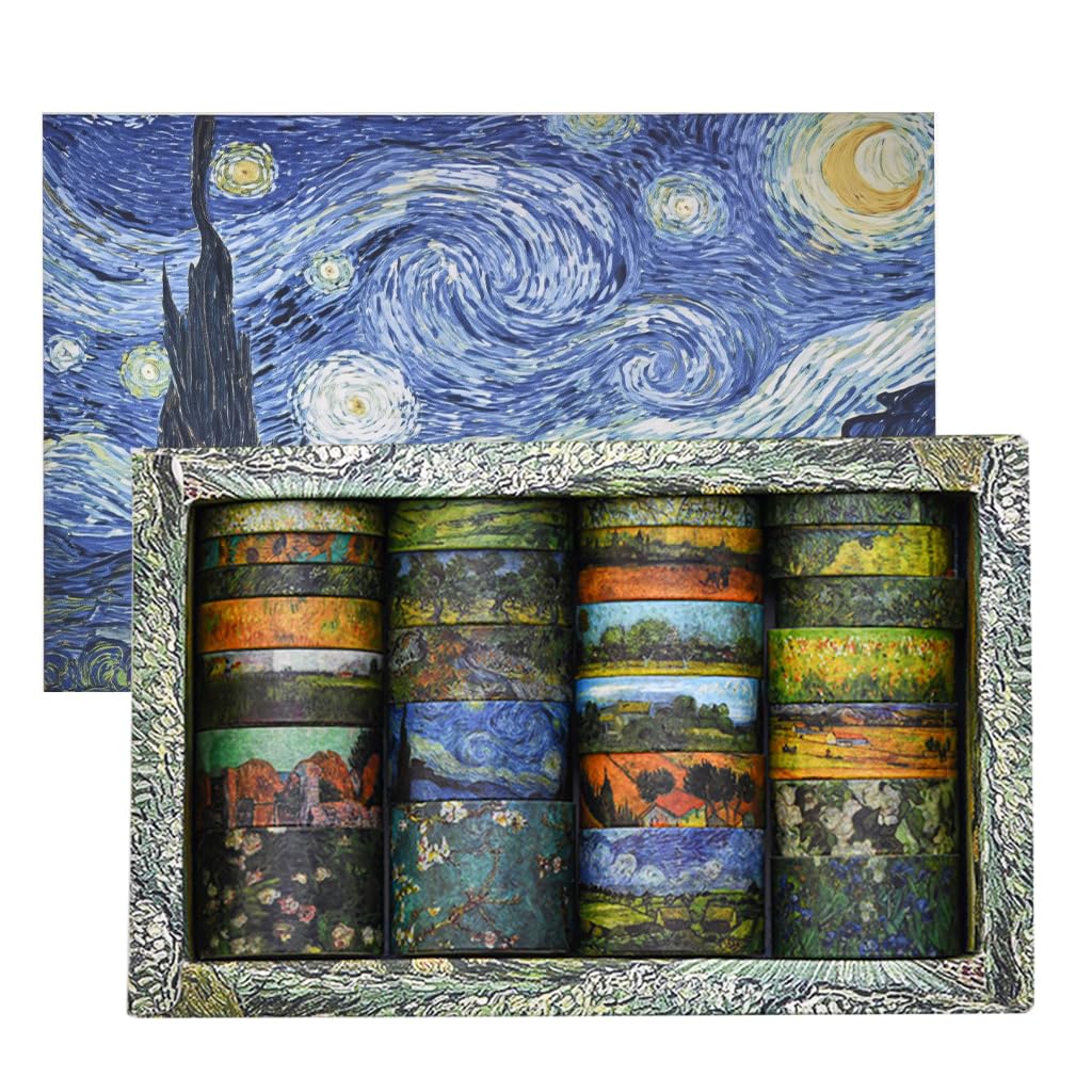 Zibuyu® 25 Rolls Van Gogh Vintage Washi Tape Set,Multi Sizes, Oil Painting Decorative Masking Tape for Scrapbooking, Journaling & DIY Crafts, Starry Night Sunflowers Almond Blossoms Irises Designs-image-25