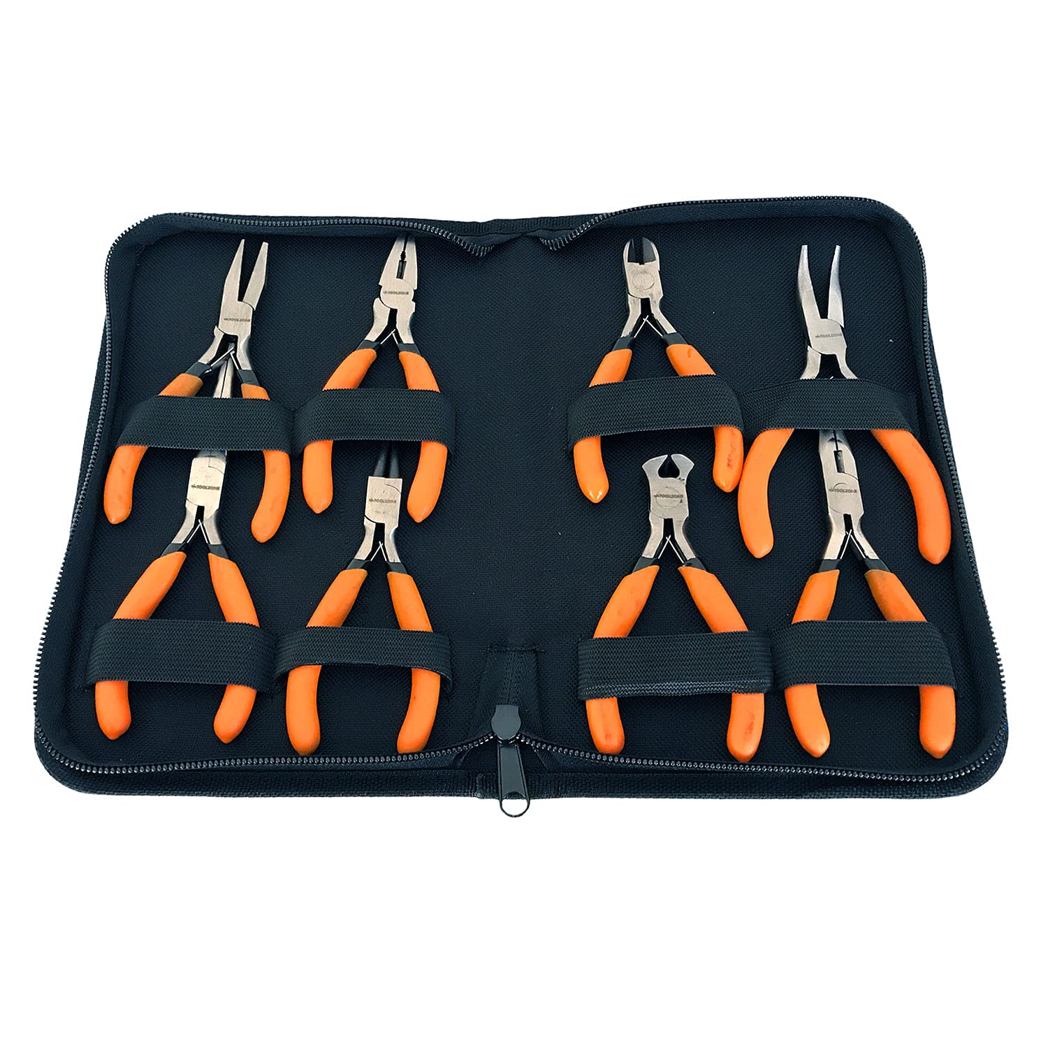 8 Piece Mini Precision CRV Pliers Set with Zipped Storage Case | Combination, Long Nose, Bent, Flat, Round, Side Cutting and End Cutting Pliers