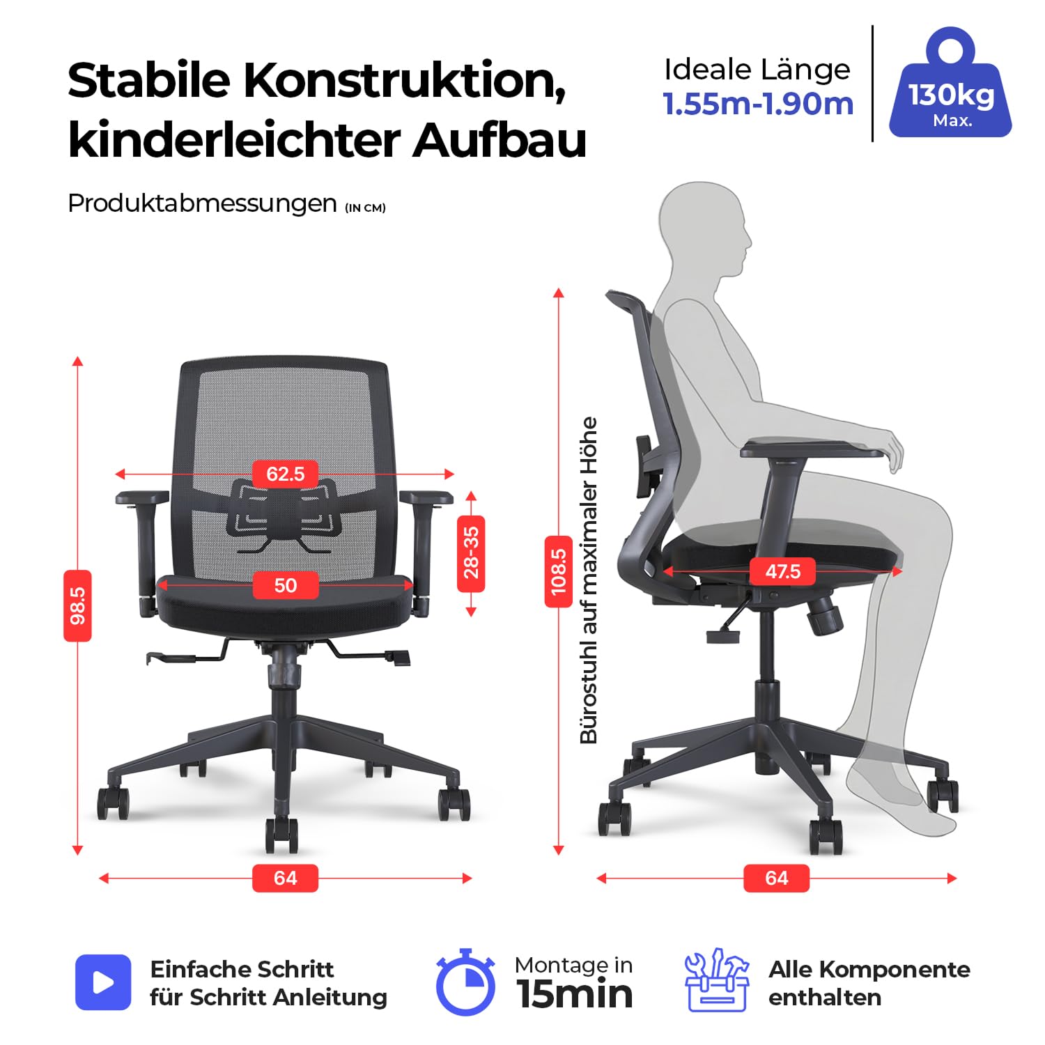 Stane Ergonomischer Bürostuhl für gesunde Sitzhaltung – Schwarz | Verfügt über leichtgängige Rollen und eine Feder für flexible Mobilität