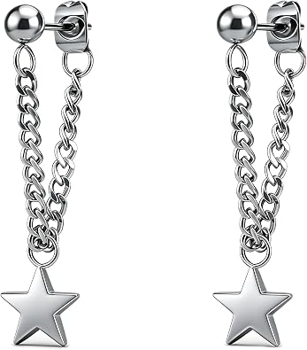 Punk Rock Stainless Steel Star Stud Earrings Chain Dangling Drop Earrings