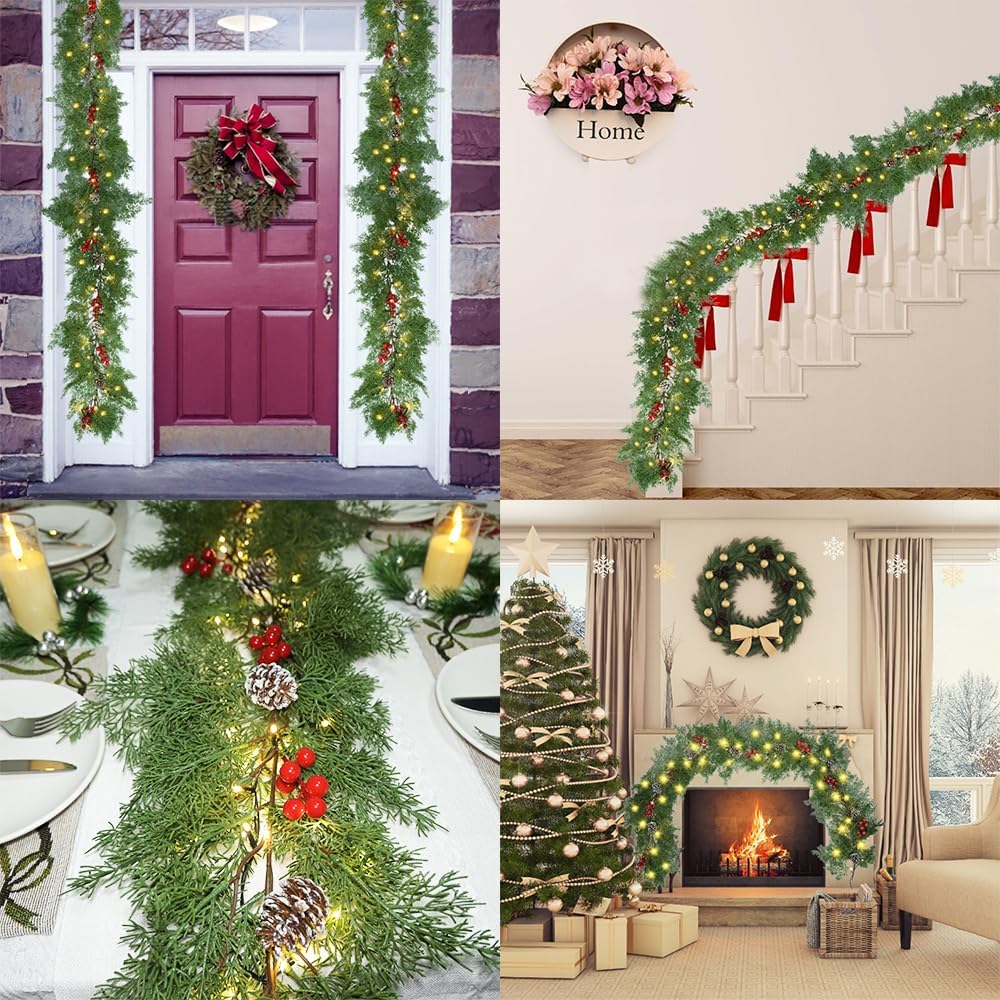 Christmas Garland with Lights 6.25Ft 40LED Dense Cypress Pine Garlands Lighted Christmas Pine Garlands for Holiday Xmas Home Mantle Decor