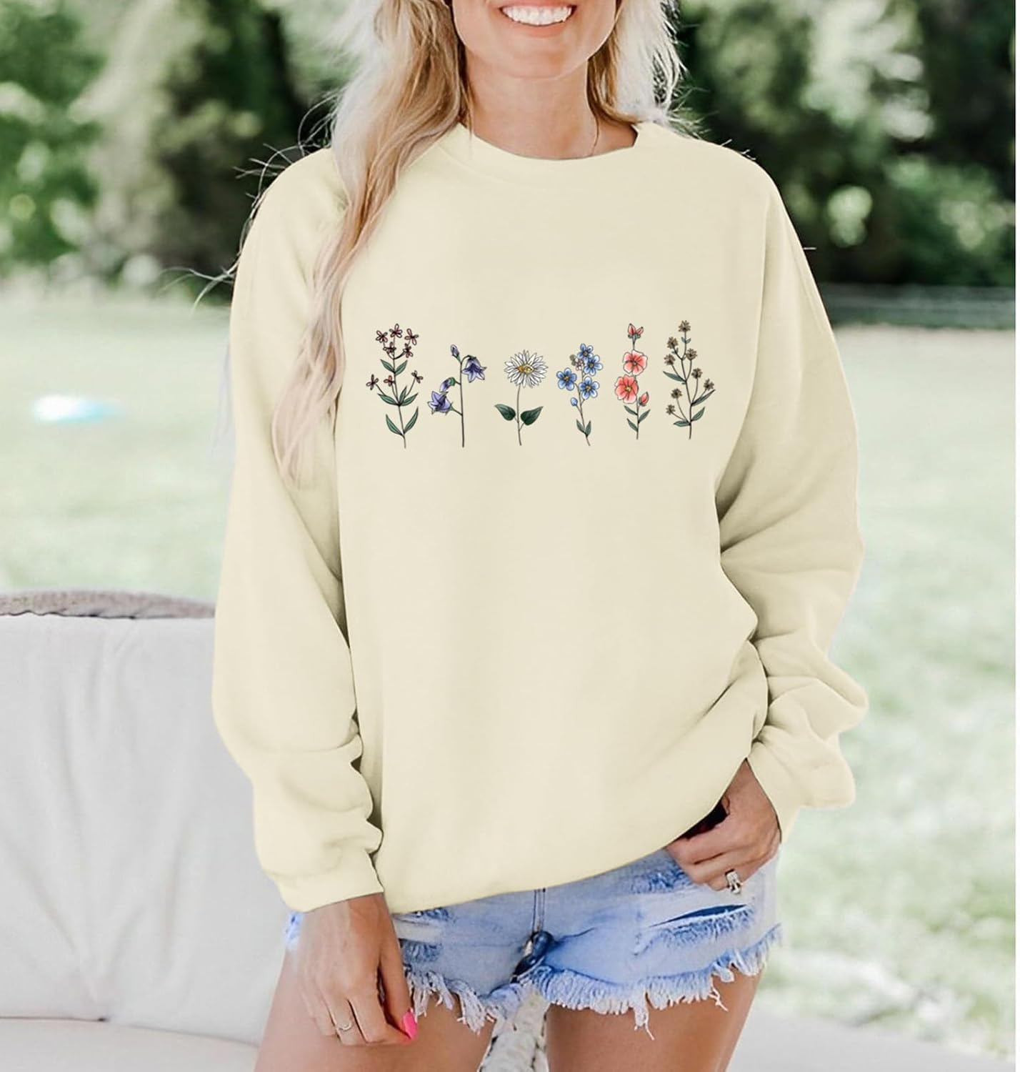 Flower Graphic Sweatshirt for Women Floral Printed Vintage Long Sleeves Shirt Crewneck Hoodie Loose Pullovers Tops - Image 3