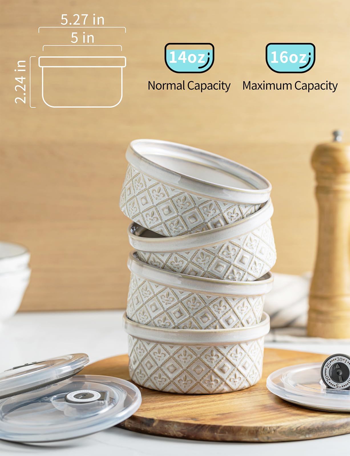 Platos pequeños de cerámica para horno, cuencos de charcutería de 16 onzas, juego de ramequines de crema brulee con tapas, tazas de natillas de pudín, juego de 4, color beige
