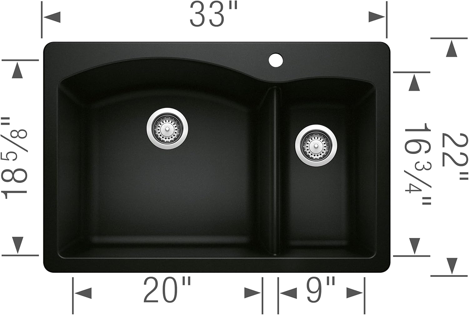 BLANCO 440199 Diamond Silgranit 70/30 Double Bowl Drop-in/Undermount Kitchen Sink, 33" L x 22" W x 9.5" D, Anthracite
