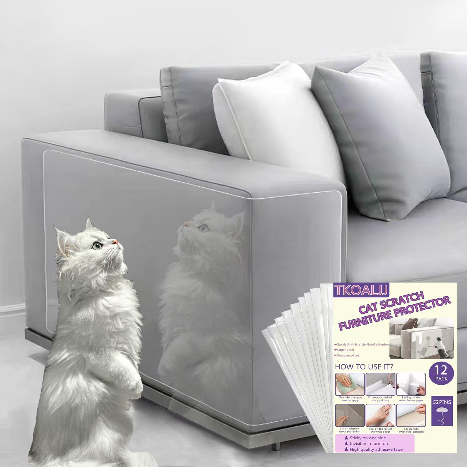 Anti Cat Scratch Furniture Protector - 12Pcs Clear, Sticky-Backed Pet-Proof Corner Guards | Couch Shield for Sofa & Doors with 52 Twist Pins