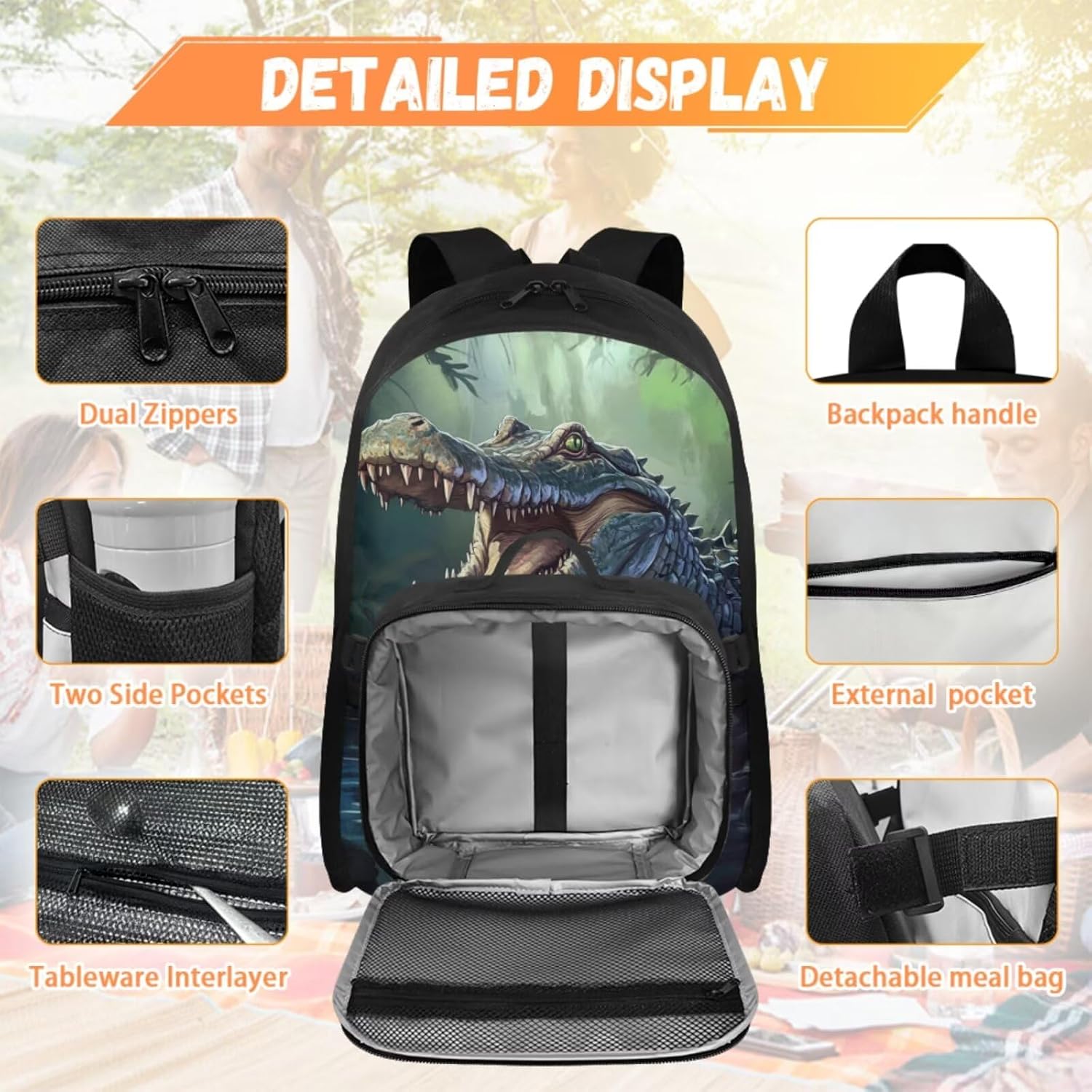 Cozeyat 3D Crocodile Backpack for Boys 8-12 Cool Kids Elemantary Middle School Bag Lightweight Bookbag with Lunch Bag Box and Pencil Case 4 Pieces 17Inch Canvas Bags