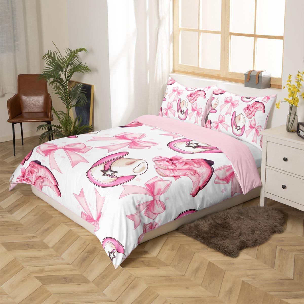 Homewish Kokarda różowa zachodnia kowbojki super king zestaw poszewek na kołdrę gwiaździsta kawaii kokardka pościel uroczy kapelusz buty poszewka na kołdrę uroczy kapelusz buty ciepłe miękkie zestawy