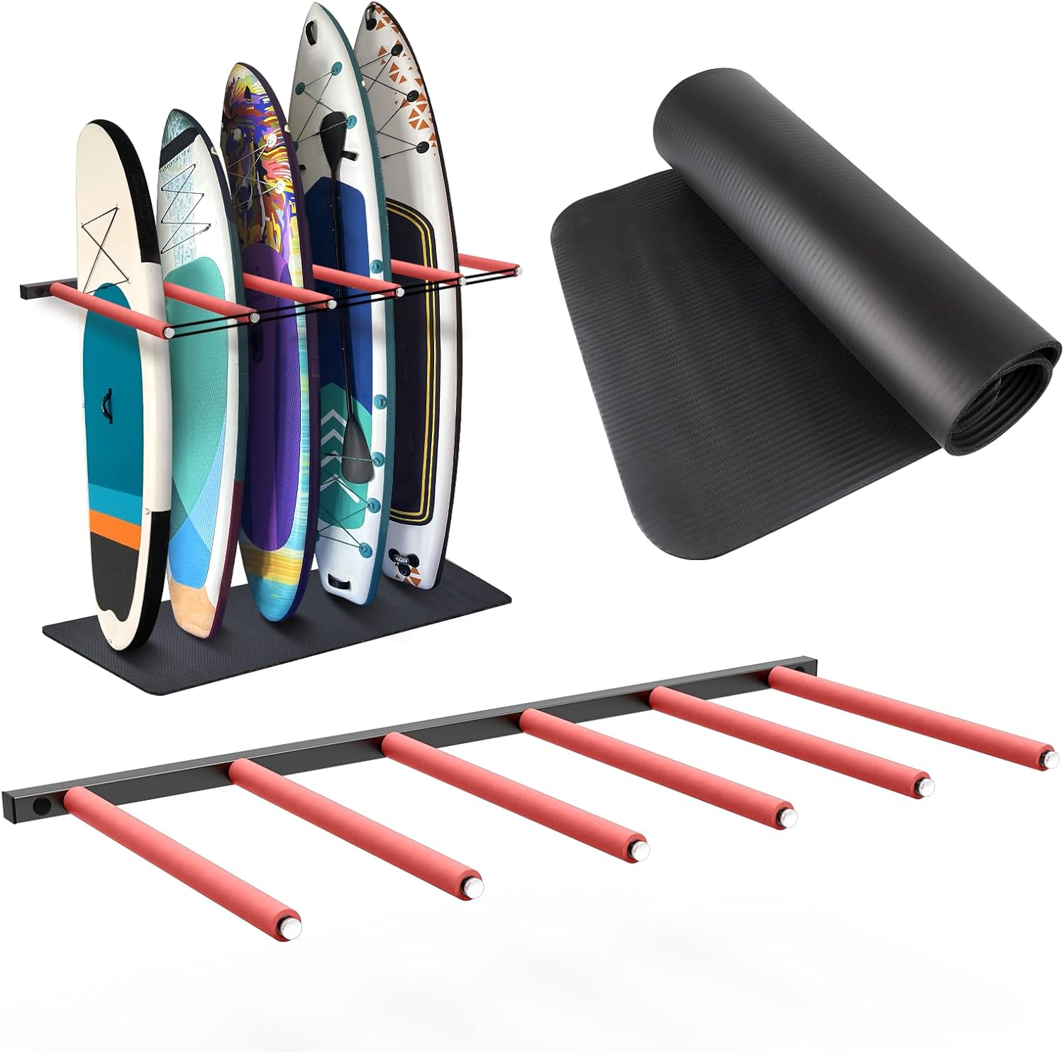 2025 Upgrade Surfboard Wall Mount, Surfboard Rack with Rubber Mat & Bungee Cord, 6 Arms Vertical Surfboard Wall Rack Garage Storage for Wall Holds 5-6 Boards