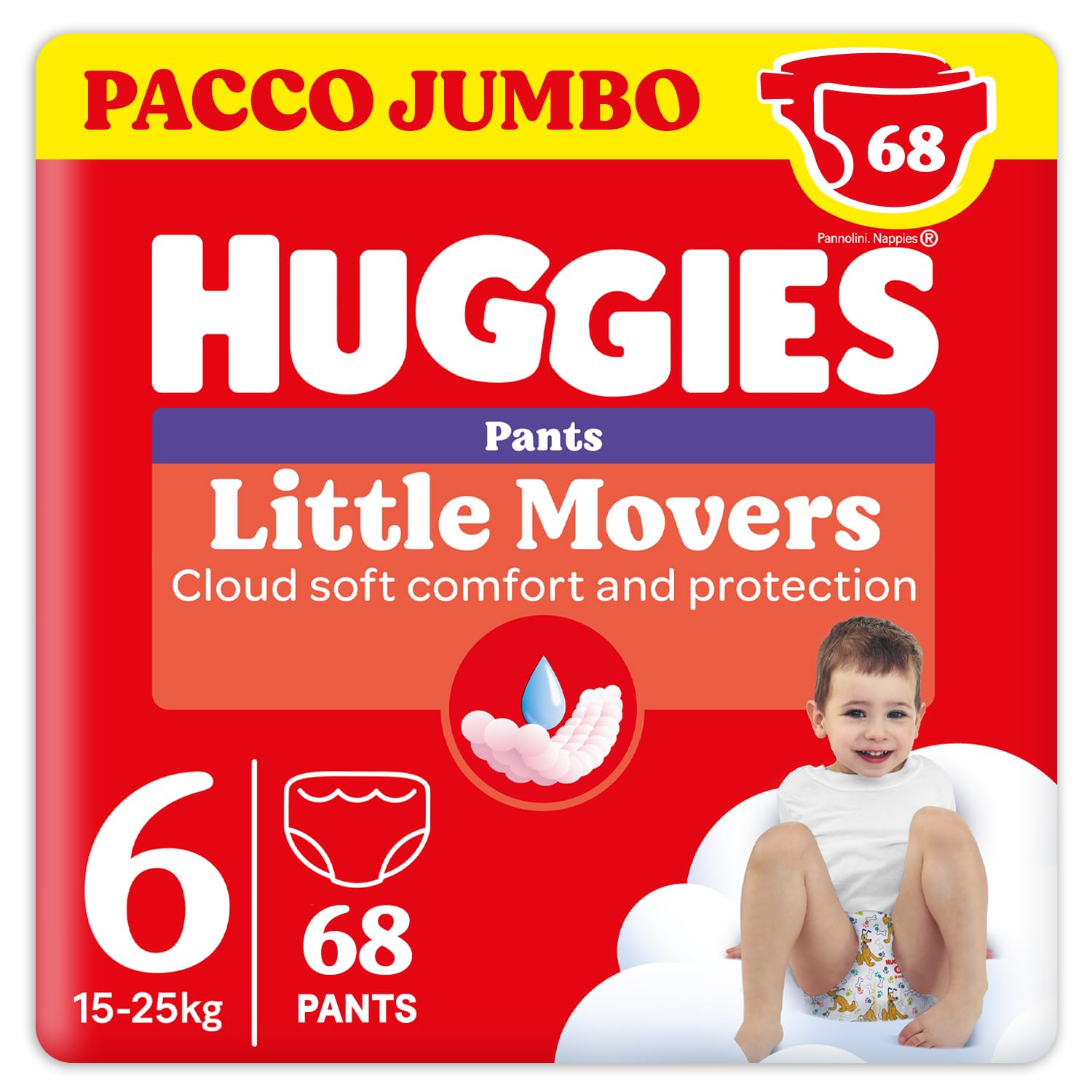 Huggies Little Movers Pannolino Mutandina, Taglia 6 (15-25 Kg), Ultra assorbente, Pacco Jumbo, Confezione da 68 Pz