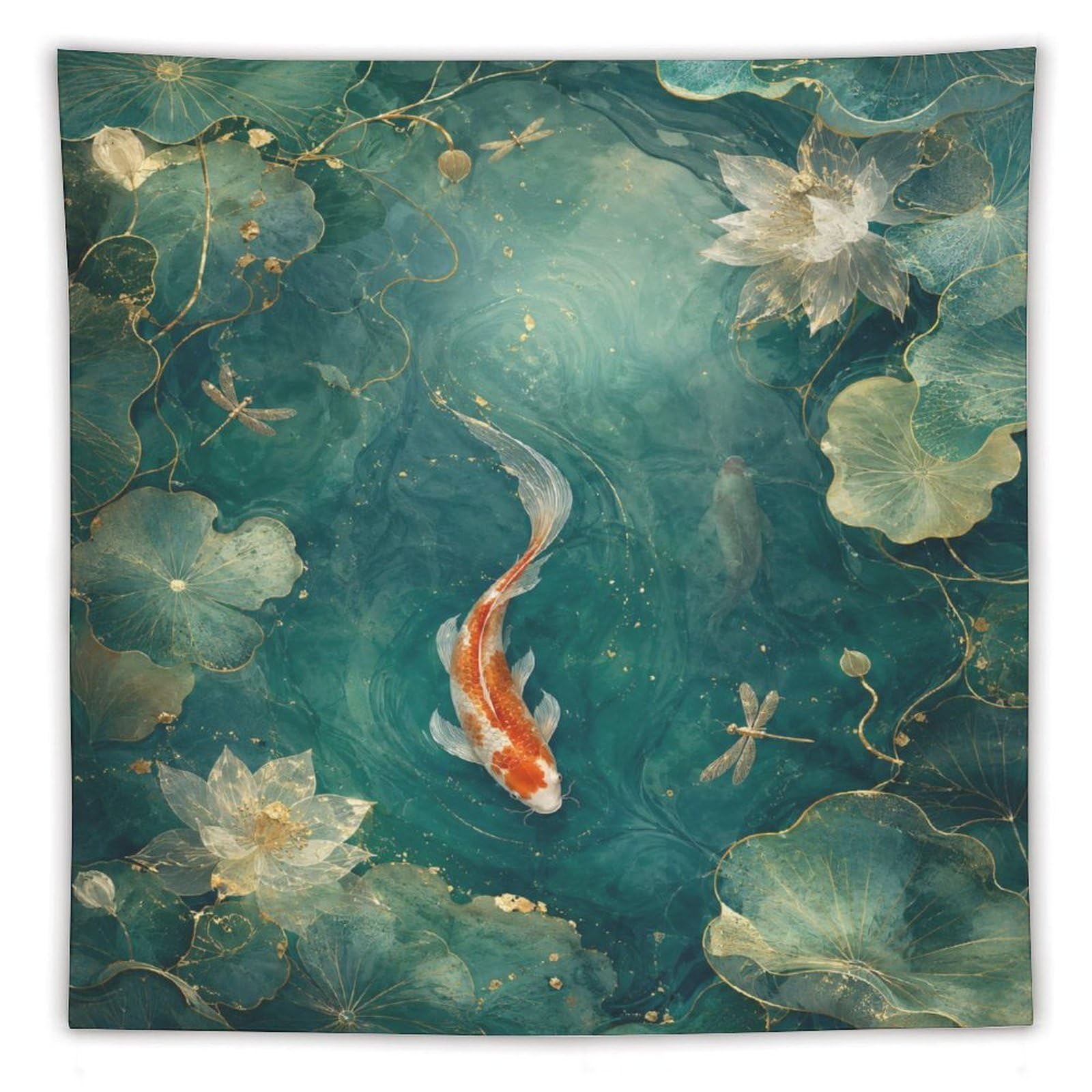 H3B8U2Y5 Koi Fish Pond Wall Tapestry, Watercolor, Ceiling Hanging