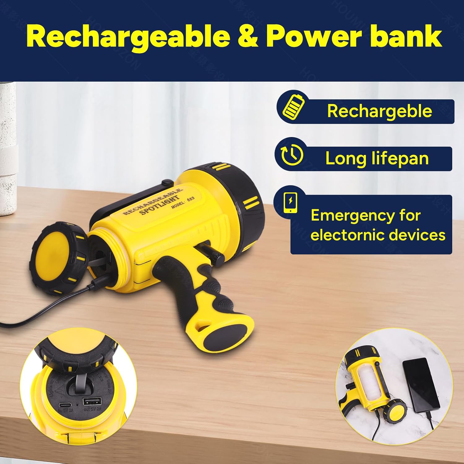 Rechargeable Spotlight, Super Bright 100,000 Lumens LED Long Lasting Large Flashlight Flood Light with Folding Mount for Hunting, Camping, Boat, Home Emergency Light (Yellow)