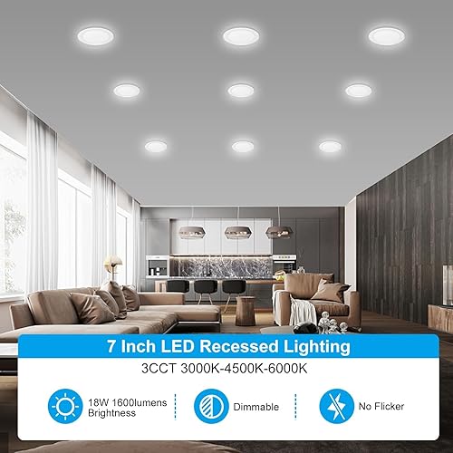 Miniatura 7 de Paquete de 12 luces empotrables LED ultrafinas 3CCT de 7 pulgadas con caja de conexiones, 3000 K4500 K6000 K seleccionables, 18 W Eqv 125 W, luz