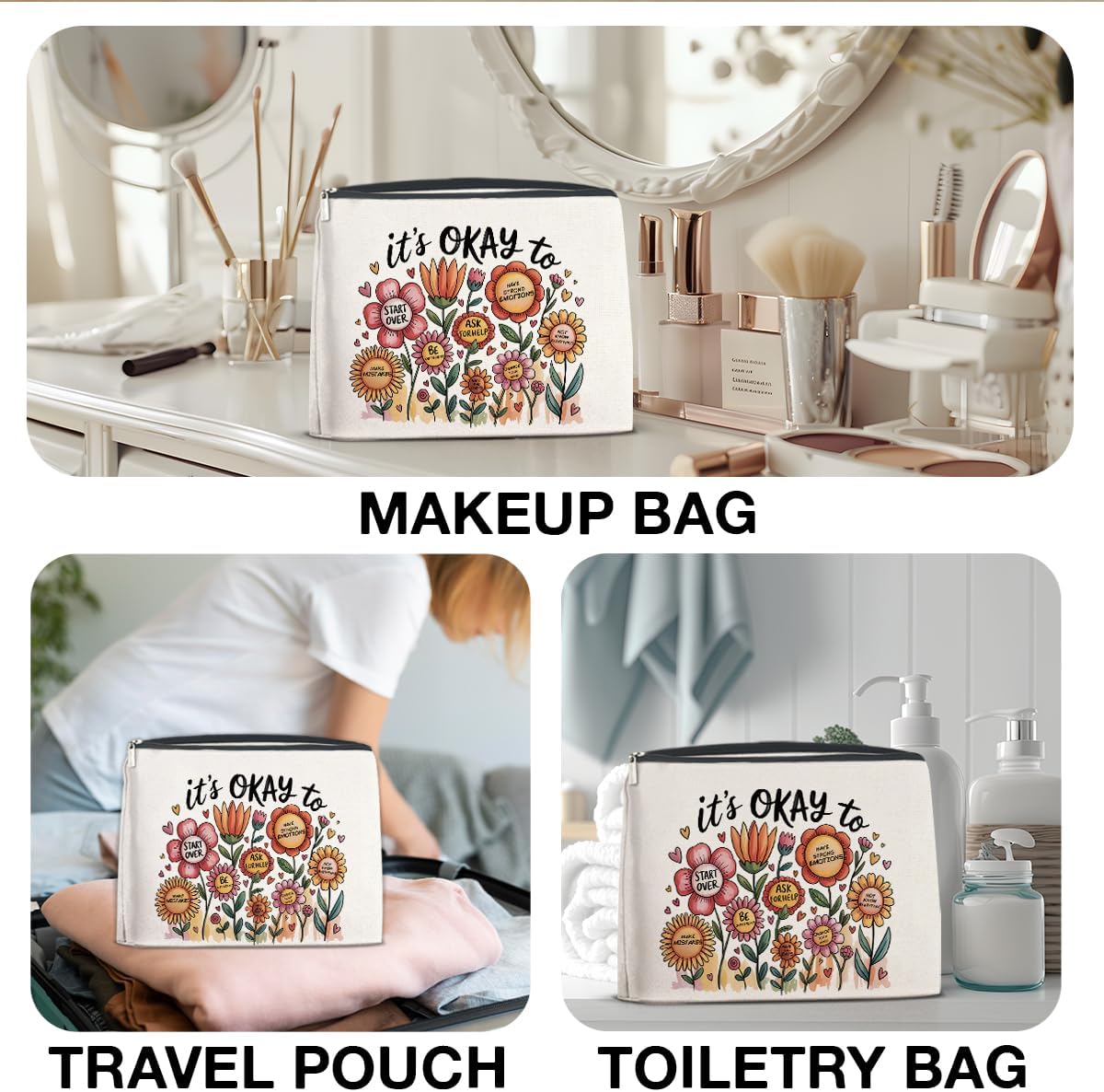 Boho Mental Health Makeup Bag for Women Girls Floral Inspirational Aesthetic Cosmetic Pouch Travel Toiletry Bag 2026 - view 6