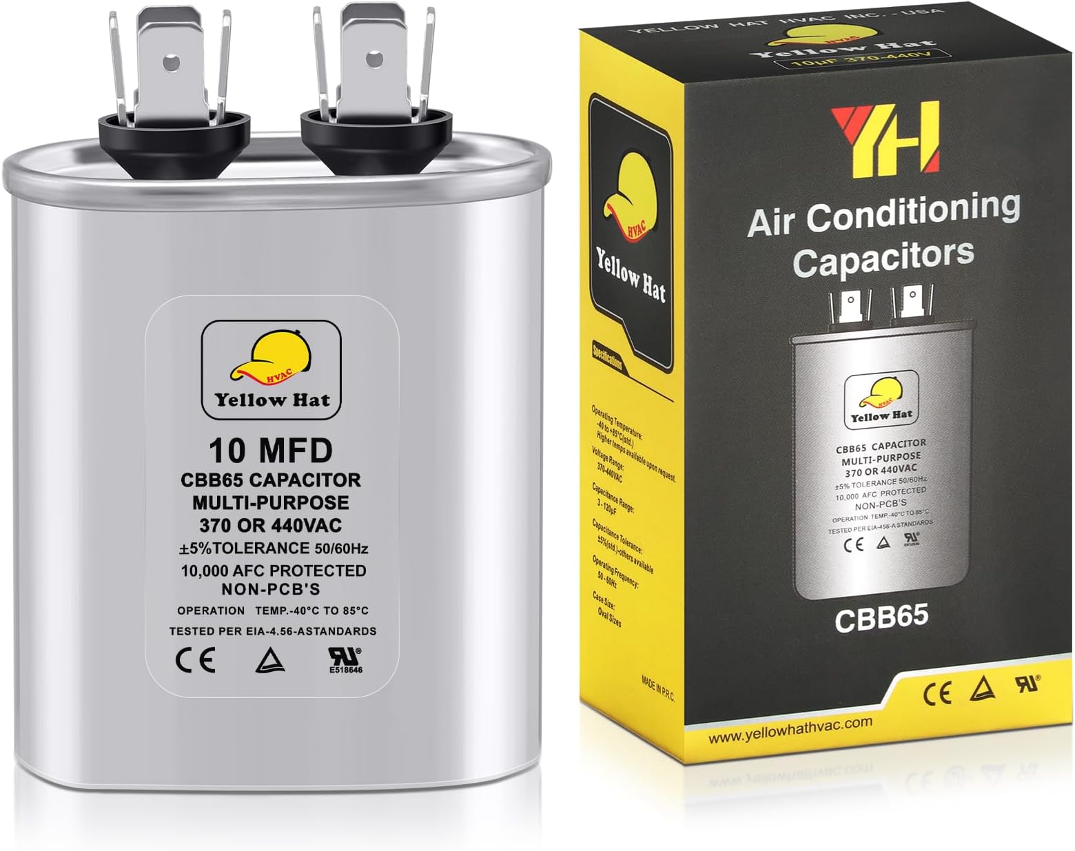 Capacitor for Air Conditioner 10 uf MFD 370 or 440 Volt VAC, CBB65 Multi-Purpose Oval Capacitor for AC Motor Run or Fan Motor Start or Condenser Straight