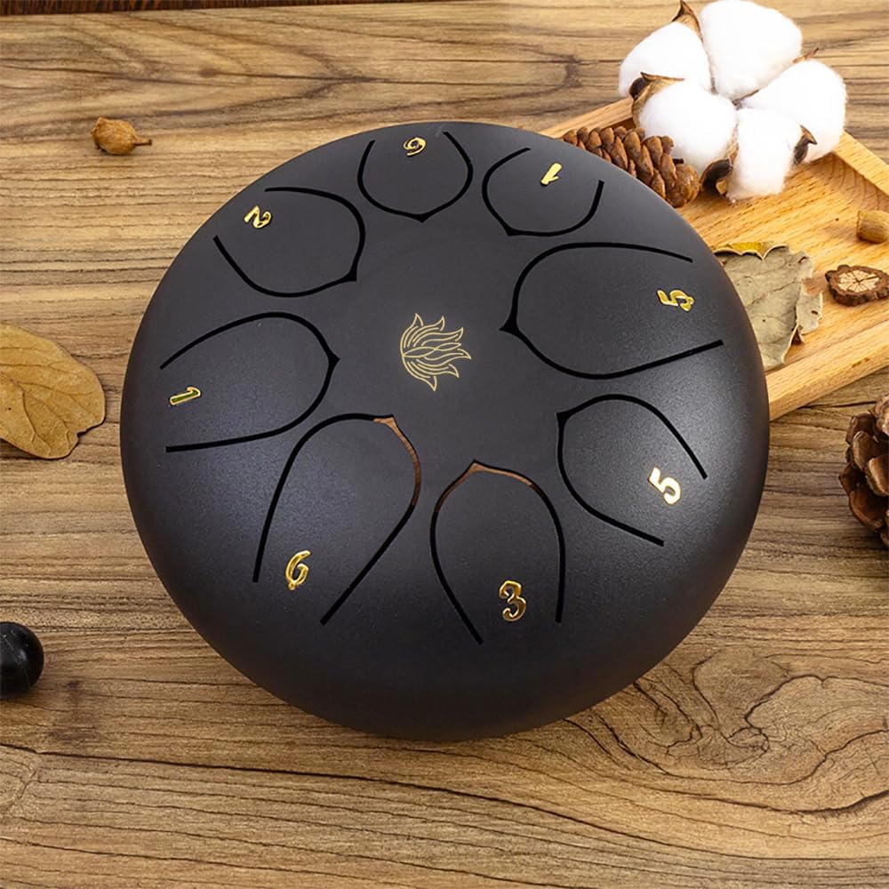 Rain Chime Drum - 8 Note 6 Inch Rain Drum for Outside Garden, with Bag, Music Book, Drumsticks, Mallet Holder and Finger Paddles, Steel Tongue Drum for Gifts Yoga Education (Black)