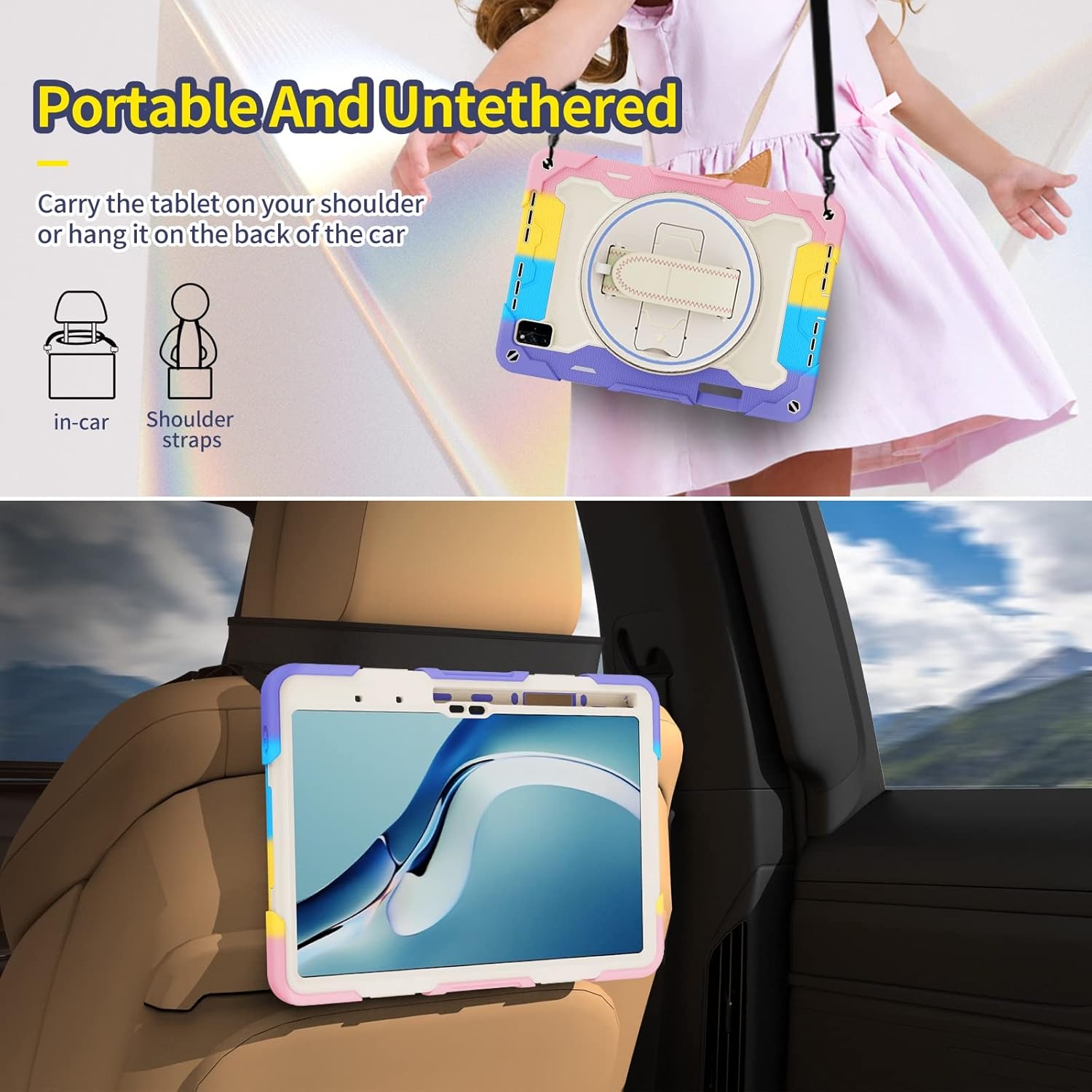 Tablet PC Bags Cases Sleeves Kids Case Compatible with Huawei MatePad Pro 12.6" (2021) ,Multi-Angle Elastic Bracket+360° Adjustable Swivel Hand Strap Three-in-one Shatter-Resistant Shell, Drop-Proof,S