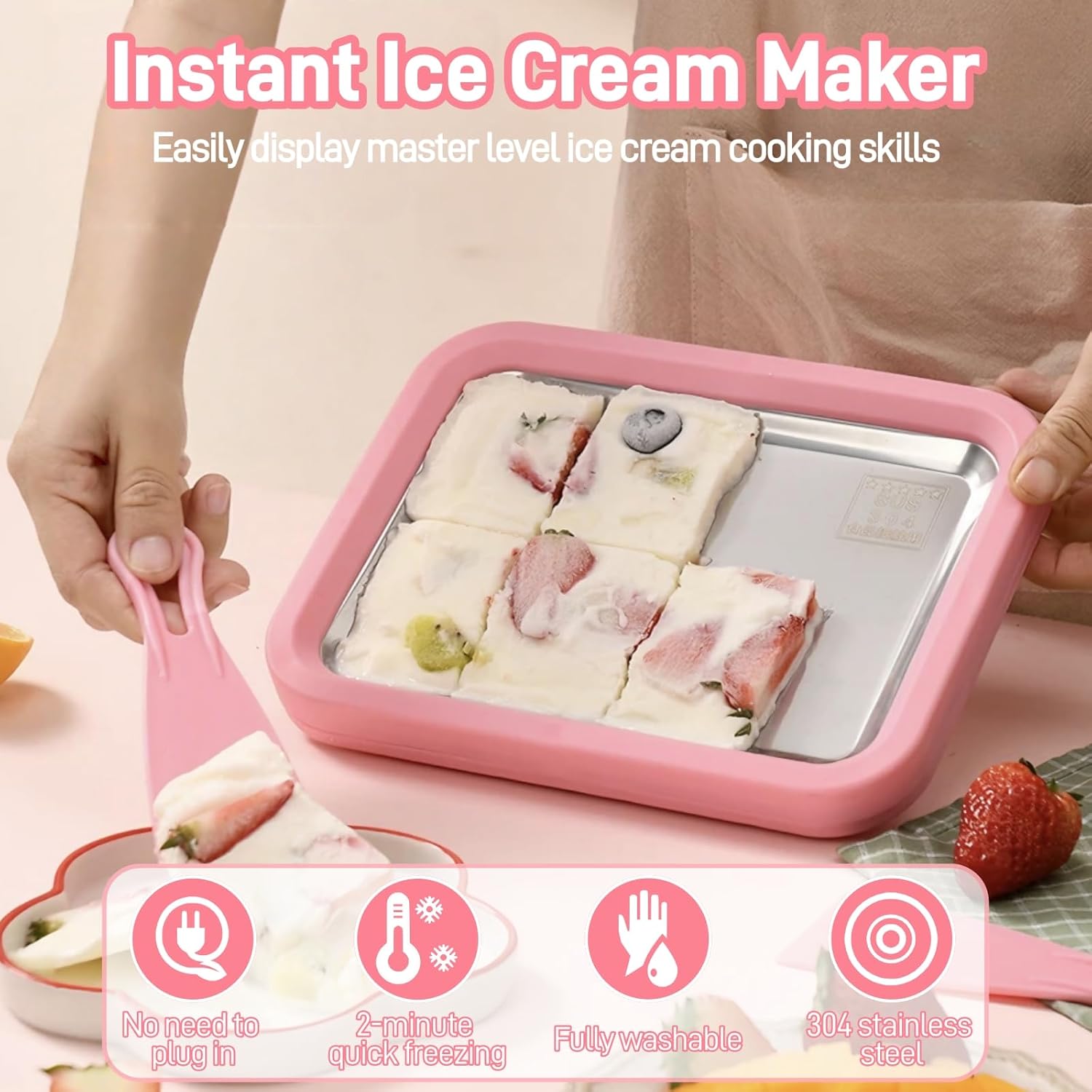 Rolled Ice Cream Maker, At-Home Rolled Ice Cream Maker Kit, Easily Make Your Own Ice Cream Rolls with 2 Spatulas Smoothies, Frozen Yogurt, Fruit Sorbets, and Gelato at Home (Pink)