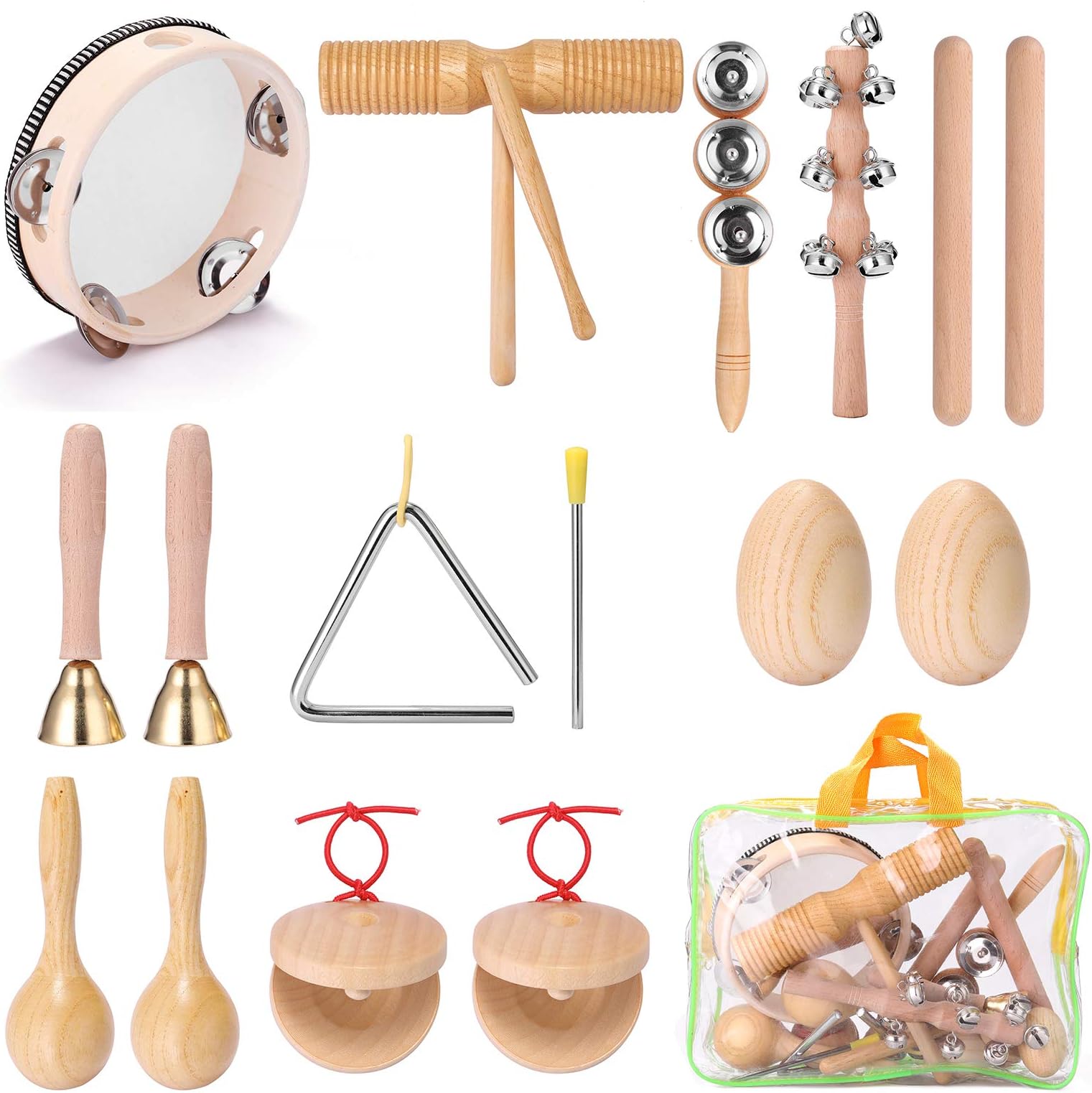 Eacam Kids Musical Instruments - 13Pcs Percussion Instruments Set for Toddlers, Preschool Educational Instruments for Boys Girls, Natural Eco-Friendly Wooden Music Set