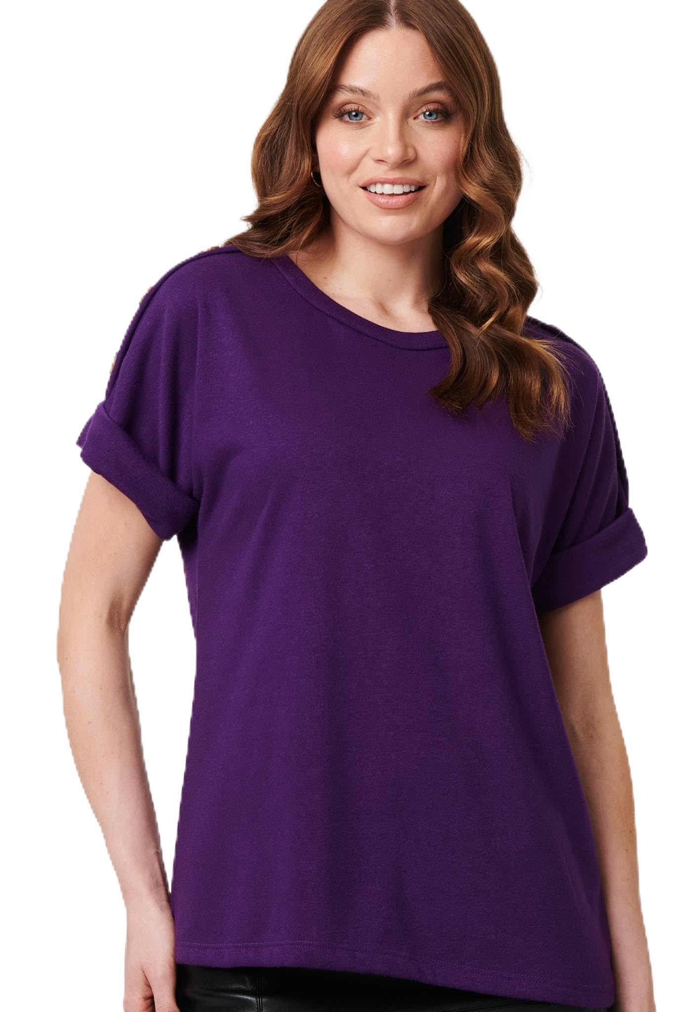 Izabel London Women's Purple Button Trim Short Sleeve Relaxed Top In | Size: 12