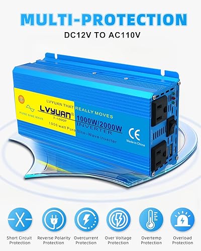 Miniatura 3 de LVYUAN Inversor de onda sinusoidal pura de 2000 W, 12 V a 110 V CC a CA con control remoto, pantalla LCD, 4 enchufes de CA y 4 puertos USB