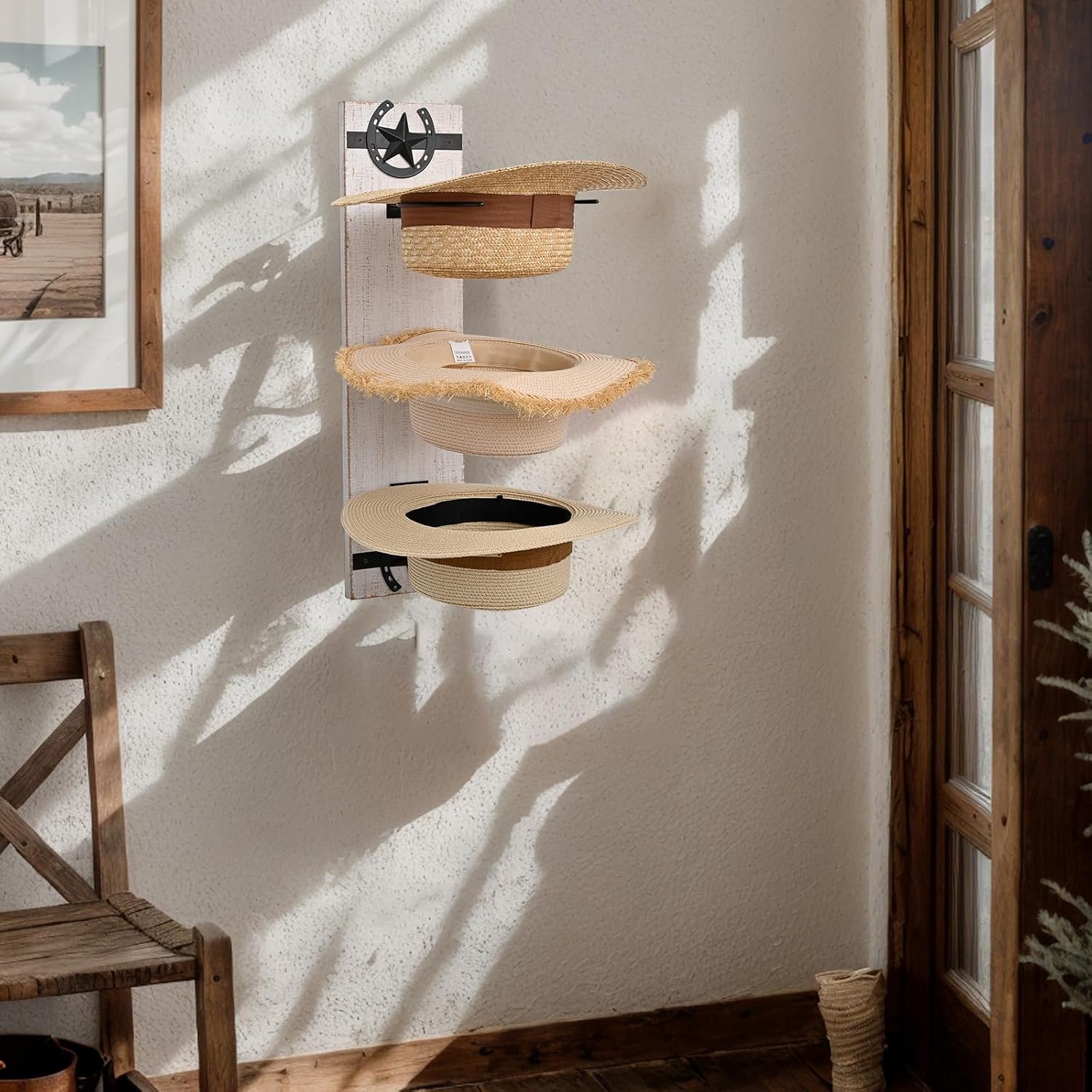 SwallowLiving Cowboy Hat Rack for Wall - Rustic Wood & Metal Cowboy Hat Holder, Decorative Horseshoe Hats Hanger & Organizer, Vertical or Horizontal Hats Storage, Western Gifts for Men Hat Accessories