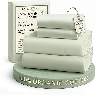 LANE LINEN 100% Organic Cotton King Bed Sheet Set, Bedsheets 4Pc Soft Cooling Fully Elasticized Mercerised All Season Sustainably Produced Cotton Sheets King Size, Oeko Tex Sheets - Mineral