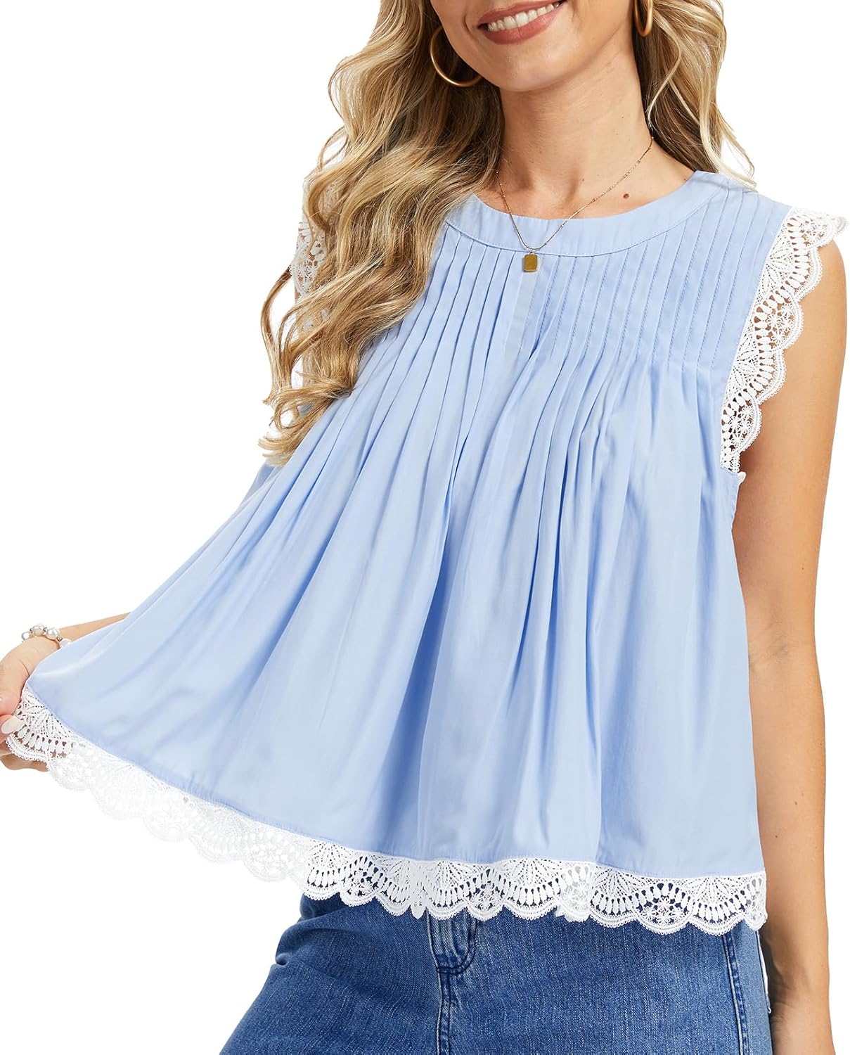 Womens 2026 Summer Peplum Top Sleeveless Ruffled Lace Trim Round Neck Y2K Babydoll Going Out Tops