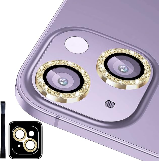 POROLIR Glitter Series Compatible for iPhone 14 Plus and iPhone 14 Camera Lens Protector Auto Tray Aluminium Alloy Plus 9H Tempered Glass Camera Screen Cover for iPhone 14 Plus and iPhone 14 (1 Set), Glitter Gold