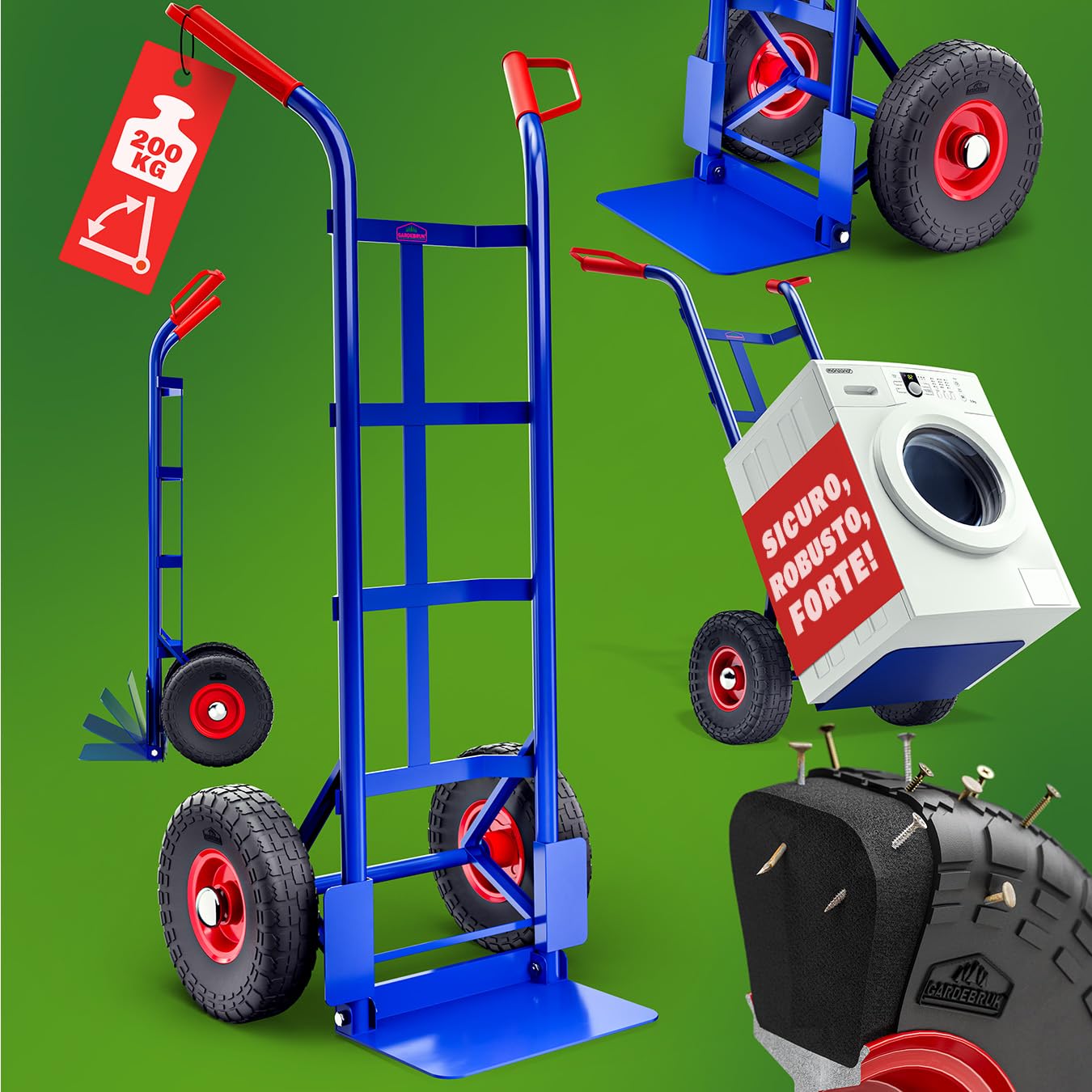GARDEBRUK® Carretilla de Mano Plegable Carga hasta 200Kg 2 Ruedas Resistentes PU Carro Mudanza Acero Asas Ergonómicas Carrito de Transporte Portátil Azul