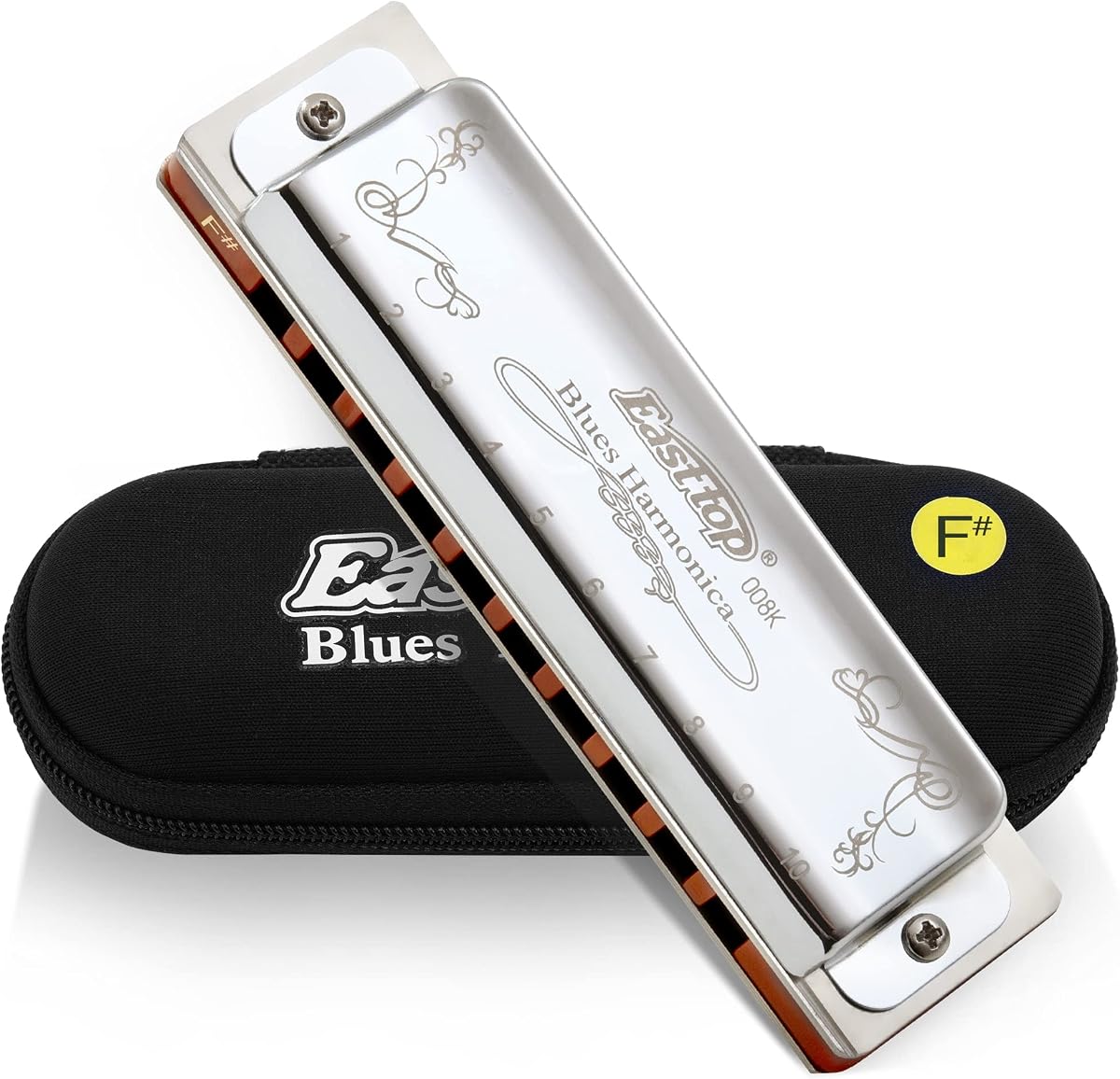 East top Diatonic Harmonica Key of F# 10 Holes 20 Tones 008K Blues Diatonic Mouth Organ Harmonica with Silver Cover, Standard Harmonicas For Adults, Professionals and Students
